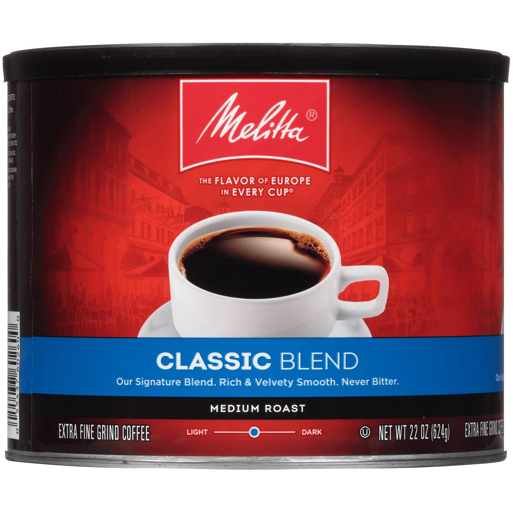 Melitta Classic Blend Medium Roast Coffee - Extra Fine Grind, 22oz Can (Pack of 6) | Premium Ground Coffee for Drip Machines & Pour Over Brewing | Perfect for Home, Office & Camping Use