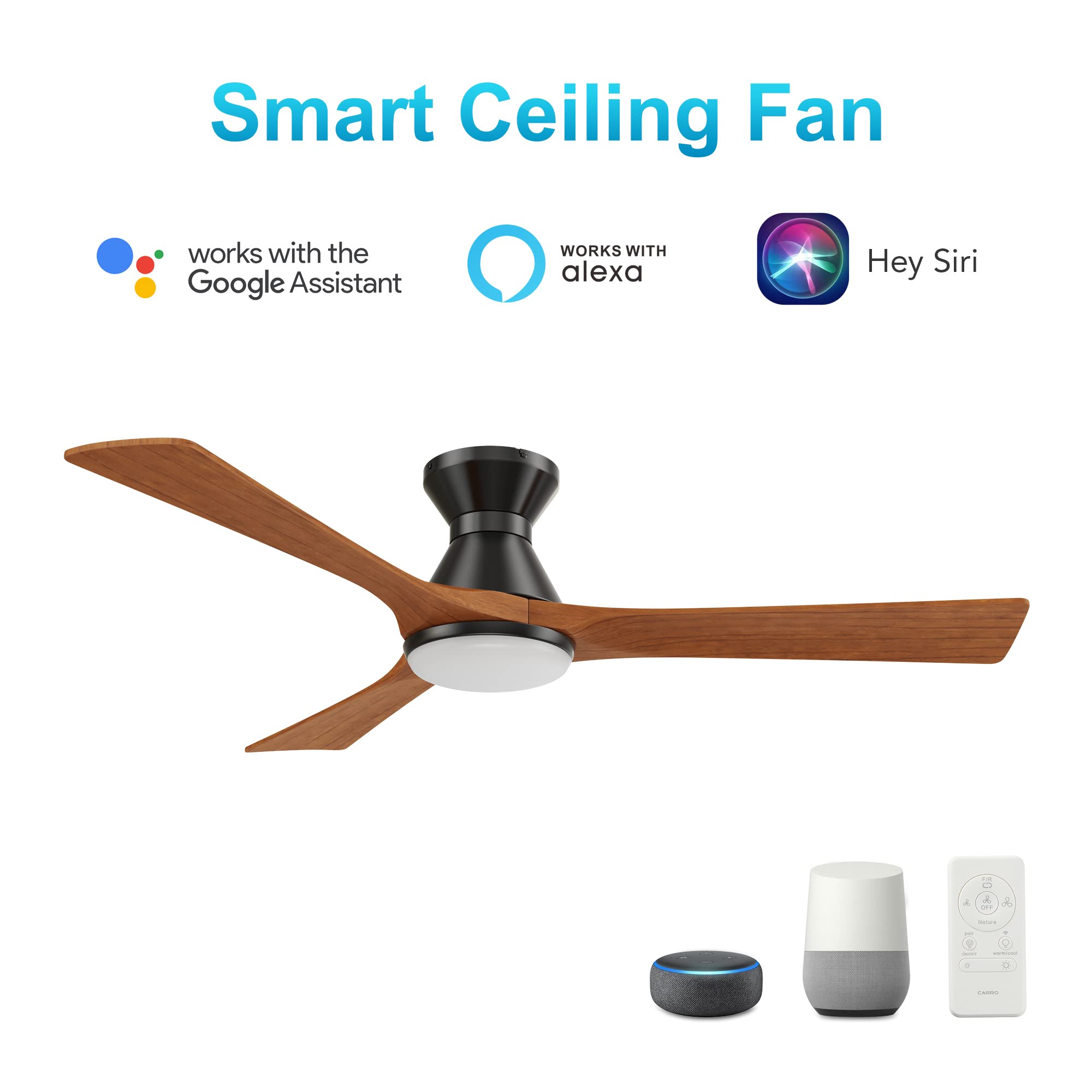 52 Inch Smart Ceiling Fan with Remote Control - 3 Blade Modern Ceiling Fan for Bedroom, Living Room & Office - Energy Efficient Quiet DC Motor - Matte Black Finish (Carro Nicolet)