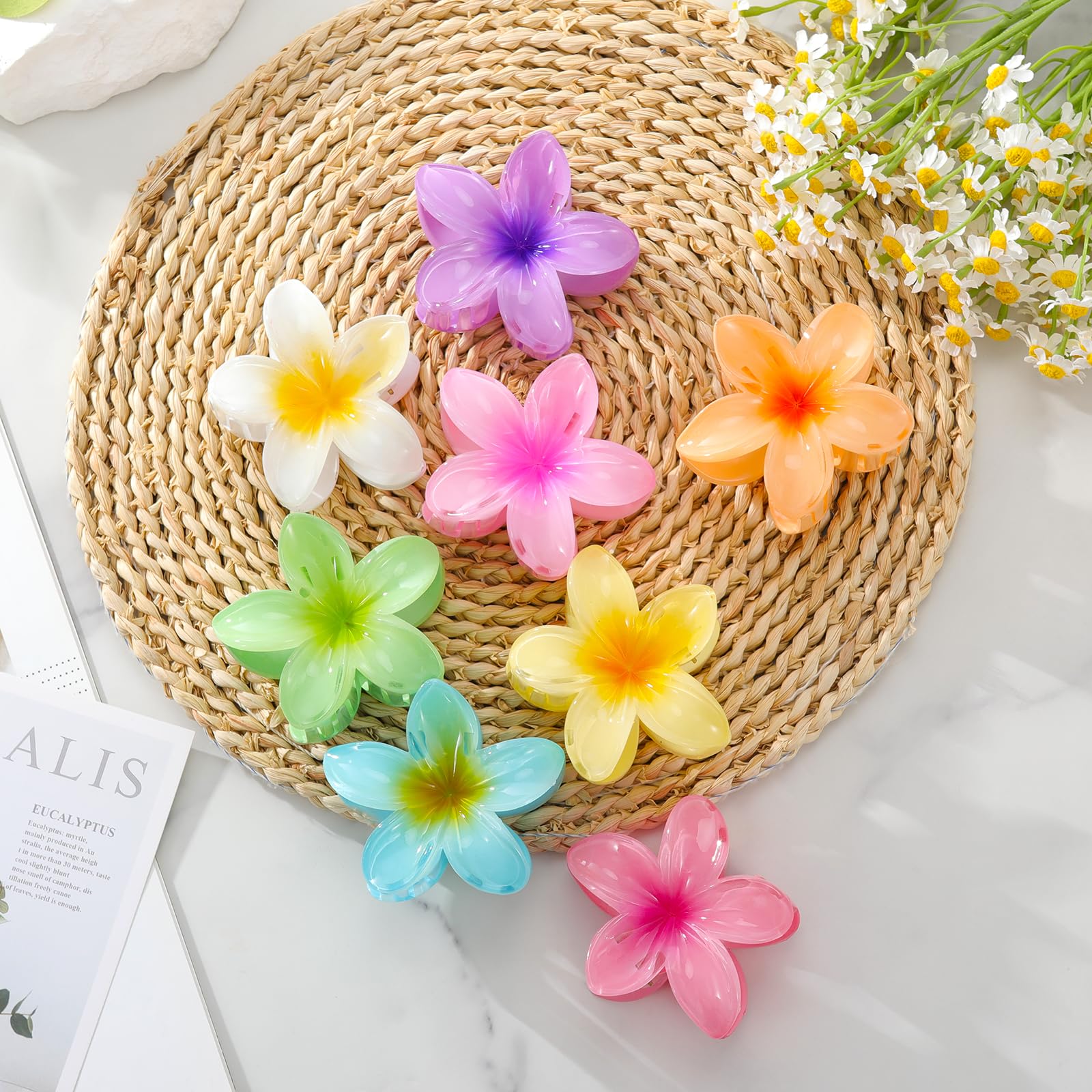 8 Pack Hawaiian Flower Hair Clips for Women - Plumeria Claw Clips for Beach & Party
