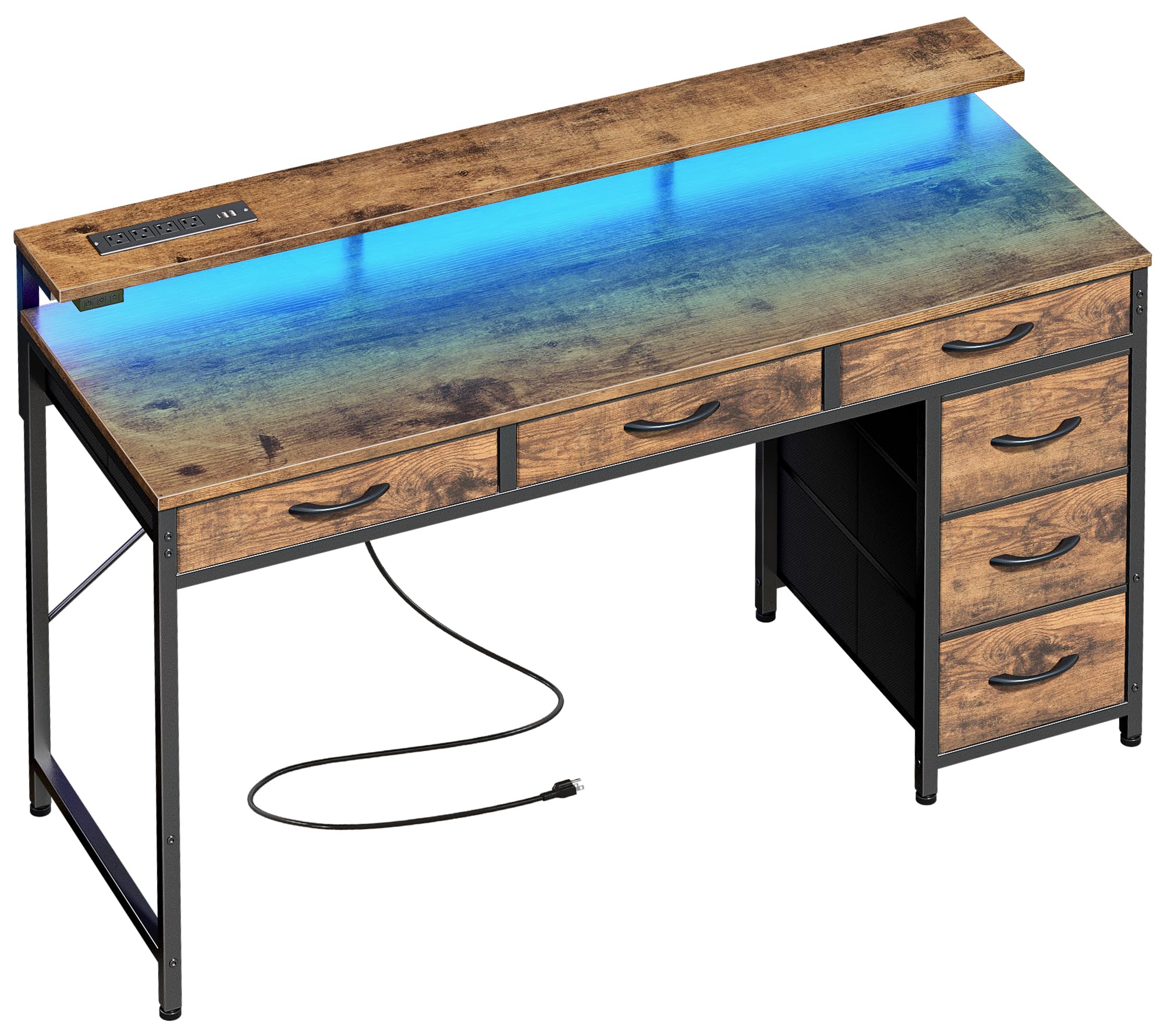 Huuger 47 Inch Gaming Desk with 6 Drawers & LED Lights - Computer Desk with Power Outlets, USB/Type-C Ports & Monitor Stand - Rustic Brown Home Office Desk for Work, Study & Gaming - Perfect for Small Spaces & Streaming Setups