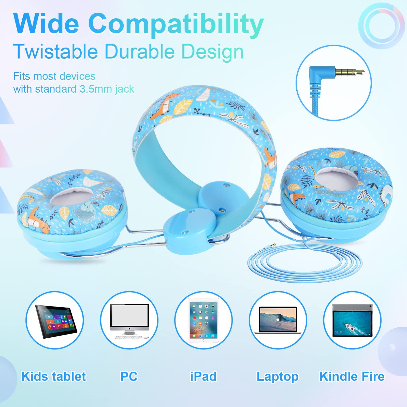 Dinosaur Kids Headphones with Microphone - Adjustable Over-Ear Wired Headphones for Boys & Girls, Safe Volume Control for School, Travel, iPad, Kindle & Fire Tablet - Perfect for Learning & Entertainment (Blue)