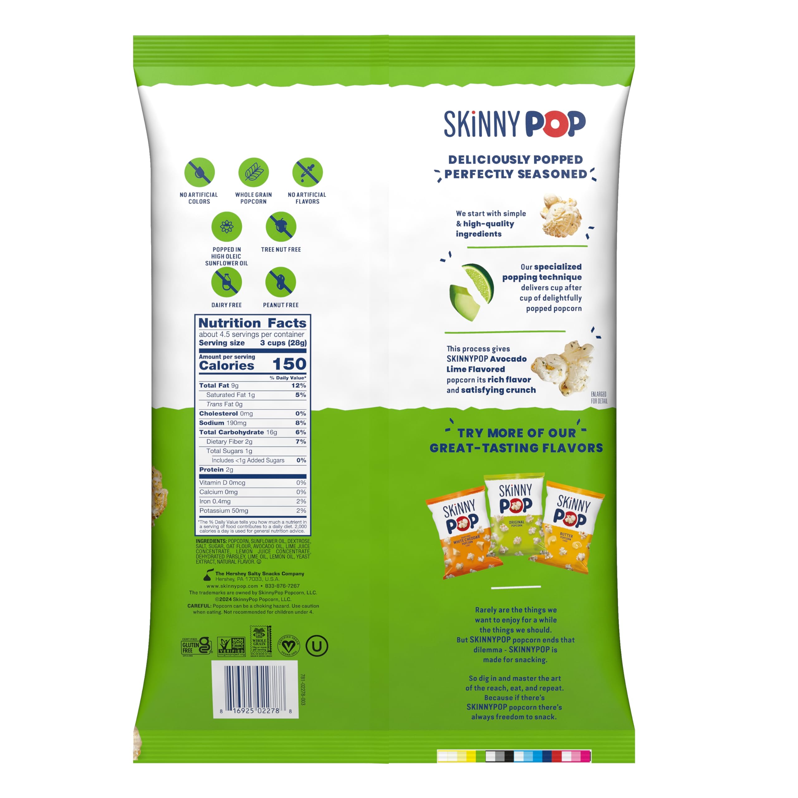 SkinnyPop Avocado Lime Popcorn - Gluten Free, Non-GMO Healthy Snack, 4.4oz Grocery Size Bag - Perfect for Movie Nights, Office Snacks & Keto Diet