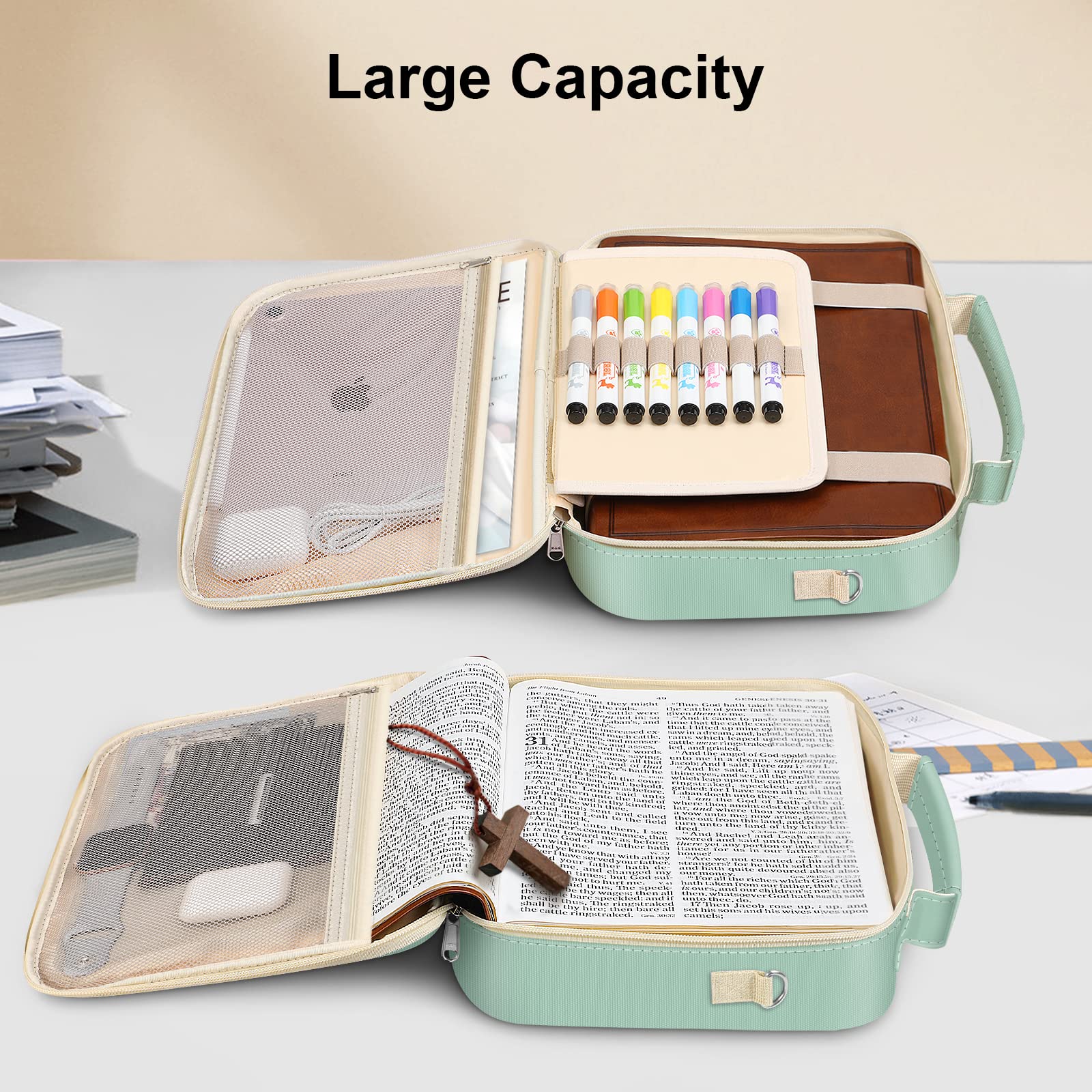 FINPAC Large Bible Cover with Shoulder Strap - Protective Book Case for Church & Travel, Light Green