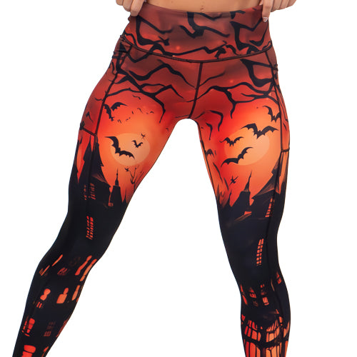 Spooky Halloween Haunted House Printed Leggings for Women - Stretchy Comfortable Costume Pants for Parties & Cosplay