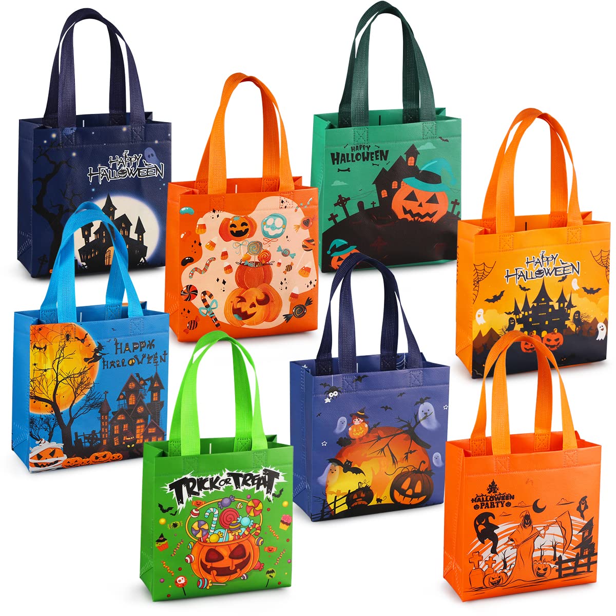PARSUP 8PCS Halloween Trick or Treat Tote Bags with Handles - Reusable Non-Woven Gift Bags for Candy, Party Favors & Gift Wrapping (7.9