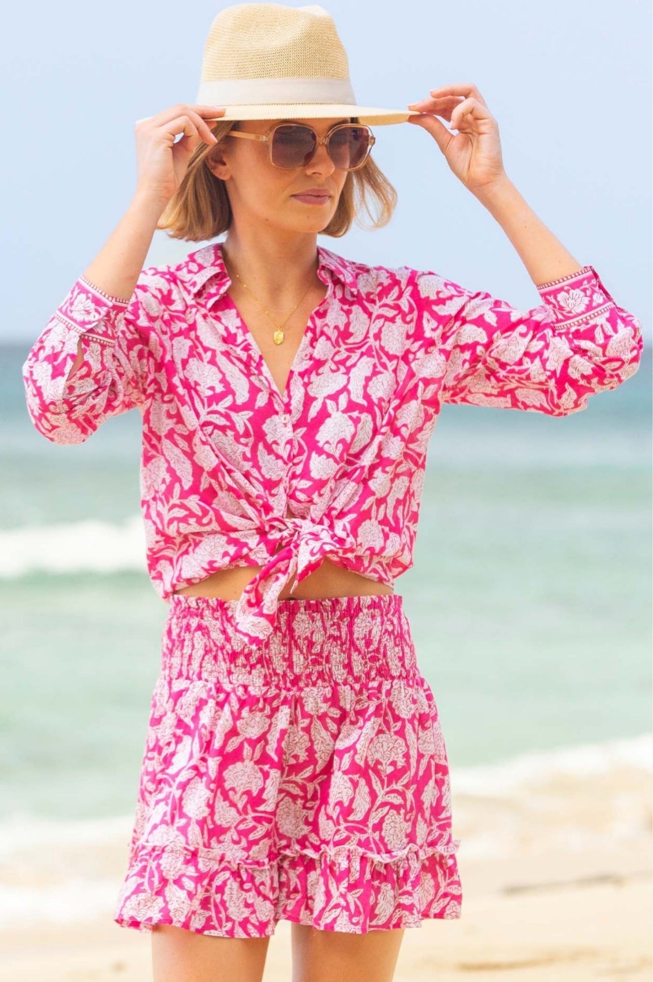 Emani Organic Cotton Skirt for Women - Soft & Comfortable Floral Print Midi Skirt | Dianthus Pink/White | Perfect for Summer Outfits, Beach Vacations & Casual Wear