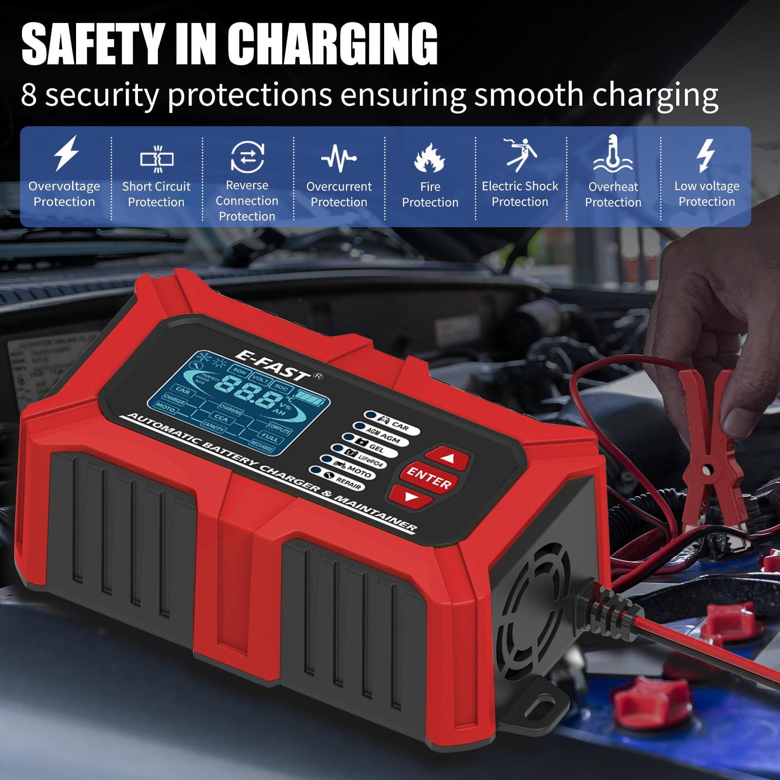 E-FAST 3-in-1 12V 6A Car Battery Charger, Battery Tester & Maintainer with Pulse Repair - Digital Auto Battery Analyzer for LiFePO4/Lead Acid Batteries (40-999 CCA) - Perfect for Automotive, RV, Boat & Motorcycle Battery Maintenance