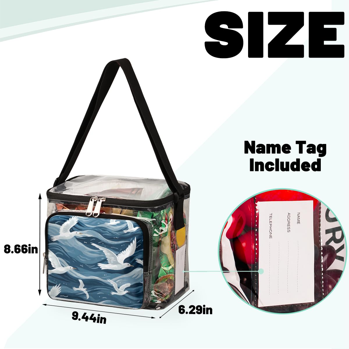 GzLeyigou Clear Transparent Tote Bag - White Seagull Design Shoulder Purse with Handles for Women | Waterproof Beach Bag for Outdoor, Travel, Picnic, Concerts & Sports Events | Stadium Approved Clear Crossbody Lunch Bag