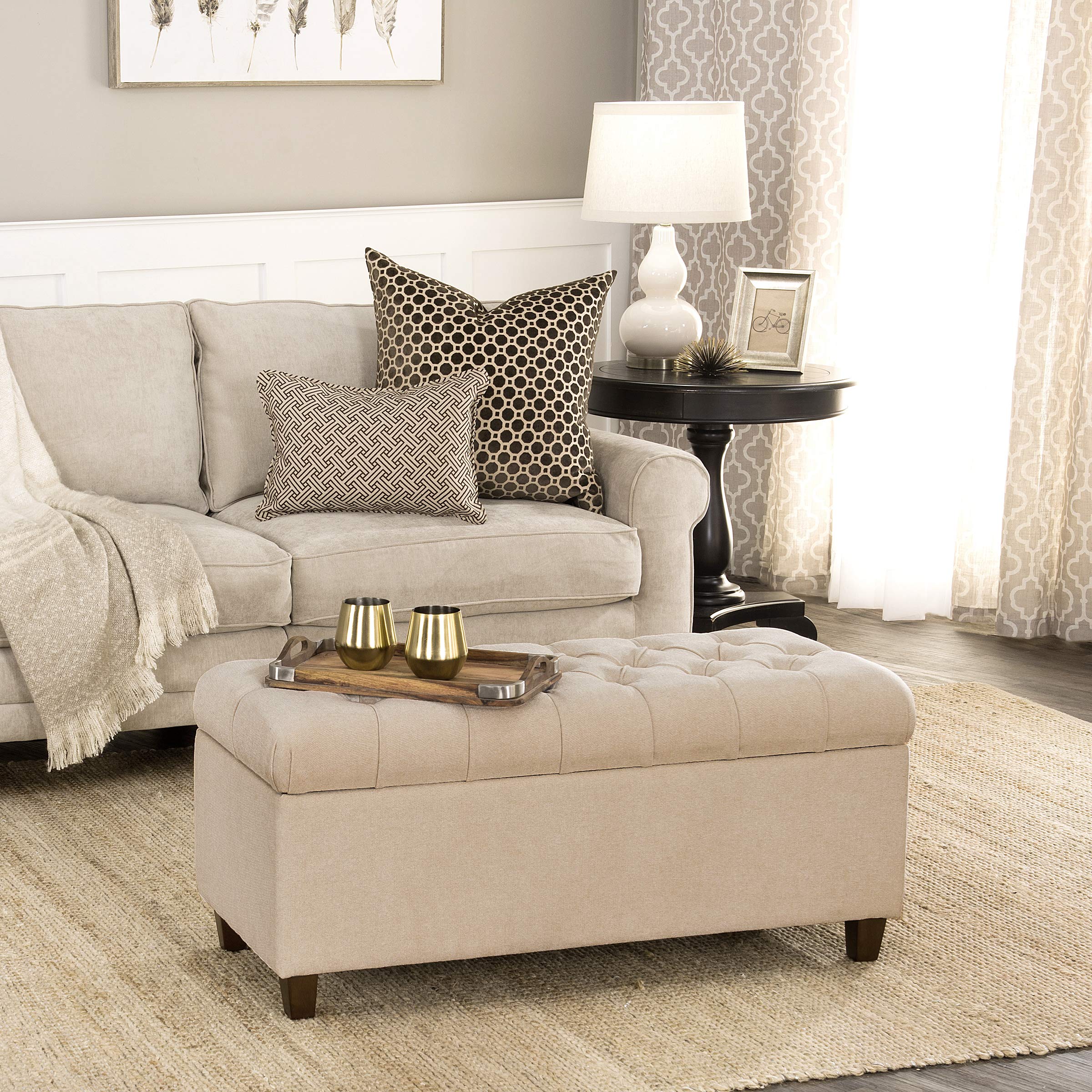 Homepop Tufted Ainsley Button Storage Ottoman Bench with Hinged Lid - 18x40x18 Inch Cream Upholstered Footrest Seat - Multi-Functional Storage Ottoman for Living Room, Bedroom & Entryway - Perfect for Extra Seating, Blanket Storage & Home Organization