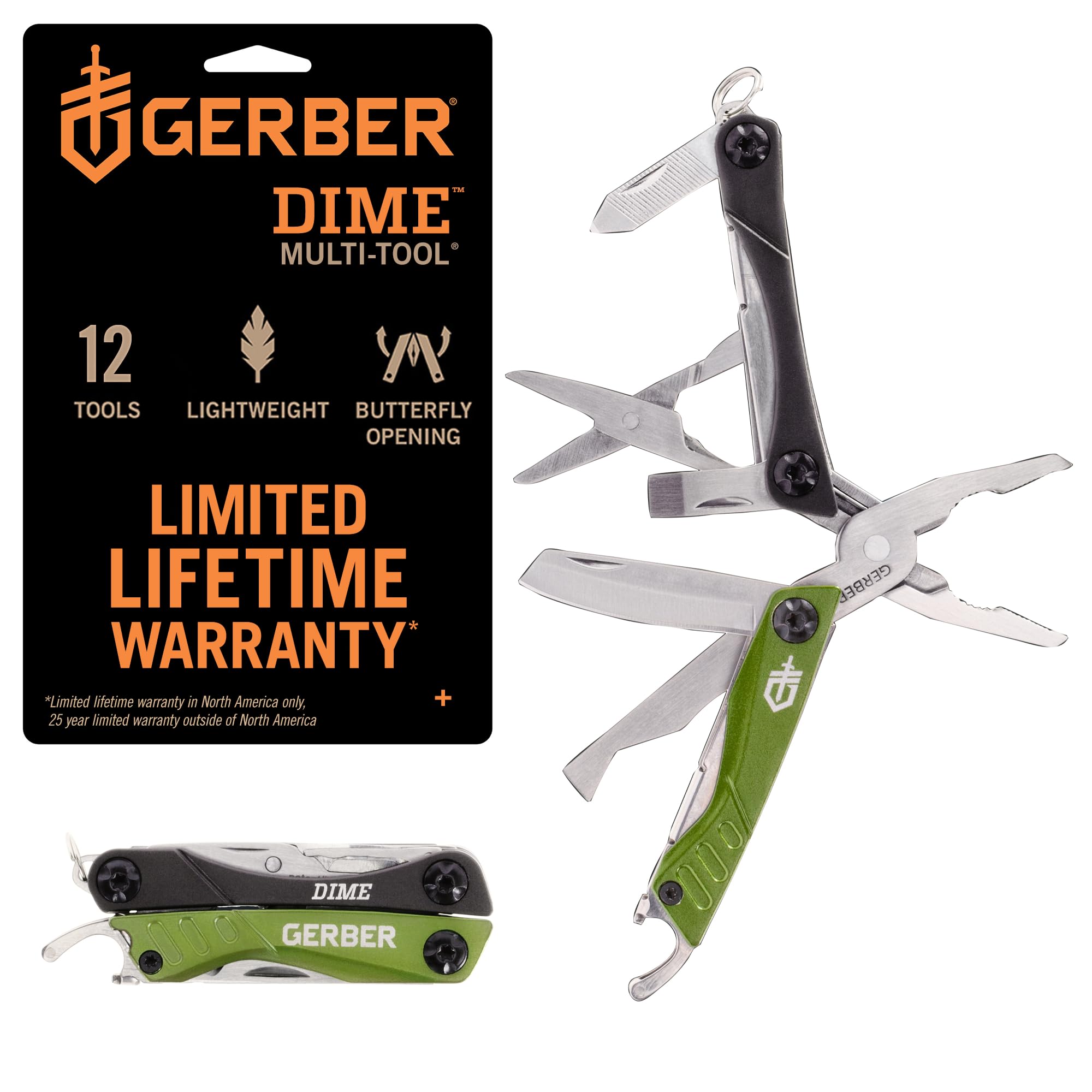 Gerber Gear Dime 12-in-1 Mini EDC Multitool with Needle Nose Pliers, Pocket Knife & Bottle Opener - Compact Keychain Multi-Tool for Everyday Carry, Outdoor Adventures & Emergency Preparedness - Green