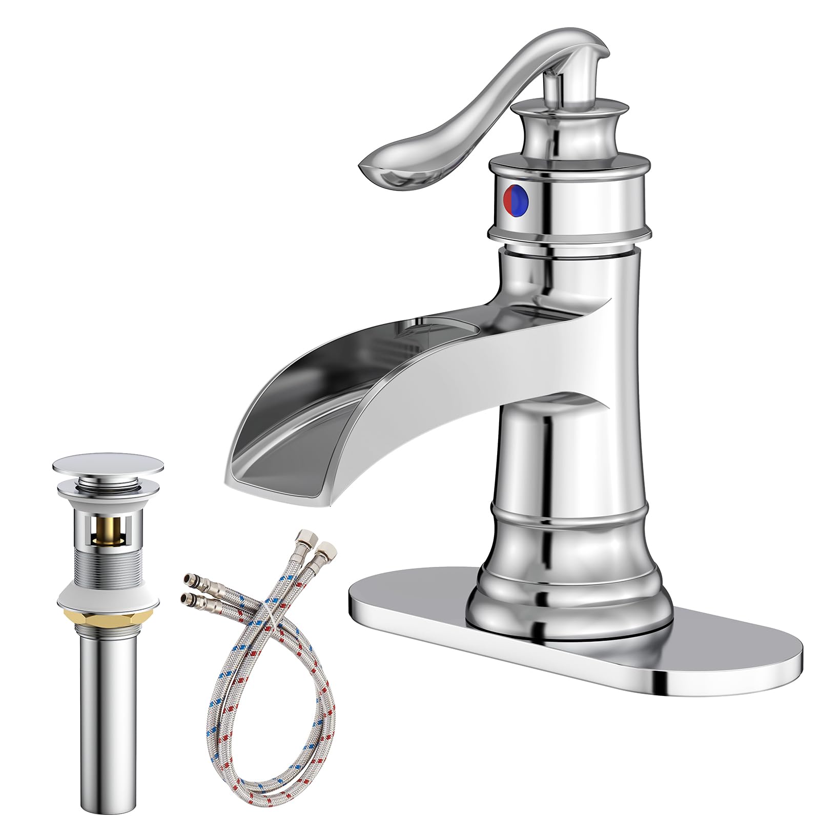 Chrome Waterfall Bathroom Sink Faucet - Single Hole Farmhouse Vanity Faucet with Pop-Up Drain & Overflow - Perfect for RV, Lavatory, and Modern Bathroom Decor