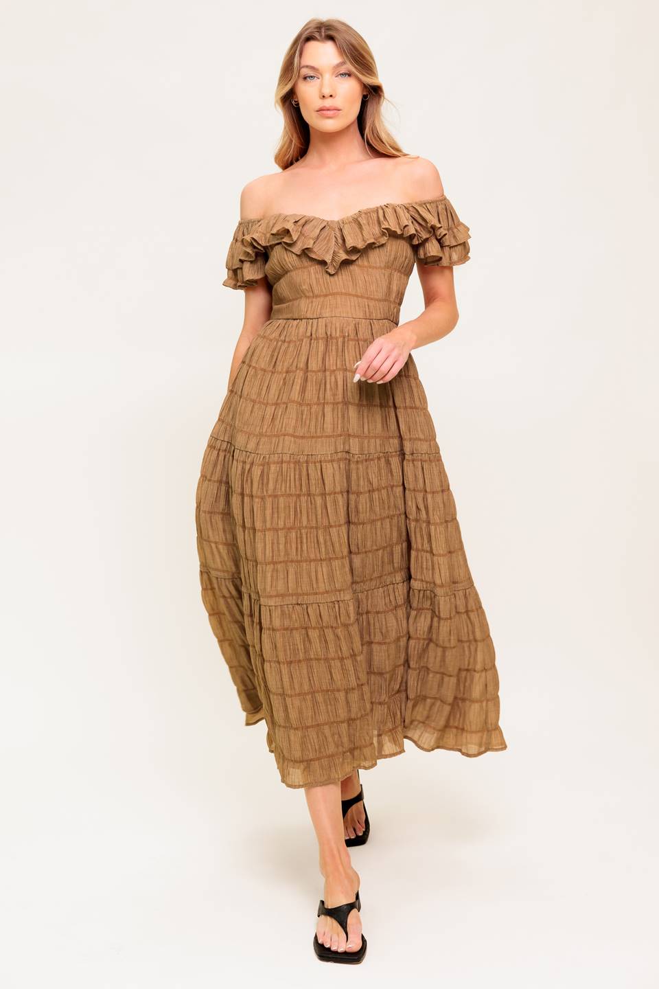 Natural Balance Brown Shirred Midi Dress - Elegant & Comfortable Casual Wear for Women | Perfect for Brunch, Office & Date Nights