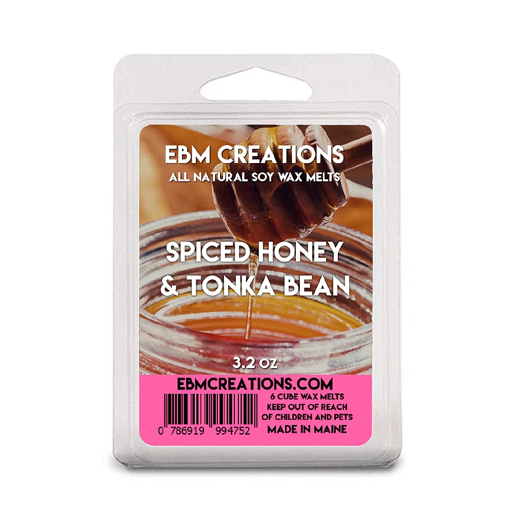 Spiced Honey & Tonka Bean Scented All Natural Soy Wax Melts - 6 Cube Clamshell 3.2oz - Highly Fragranced Home Aromatherapy for Relaxation & Stress Relief