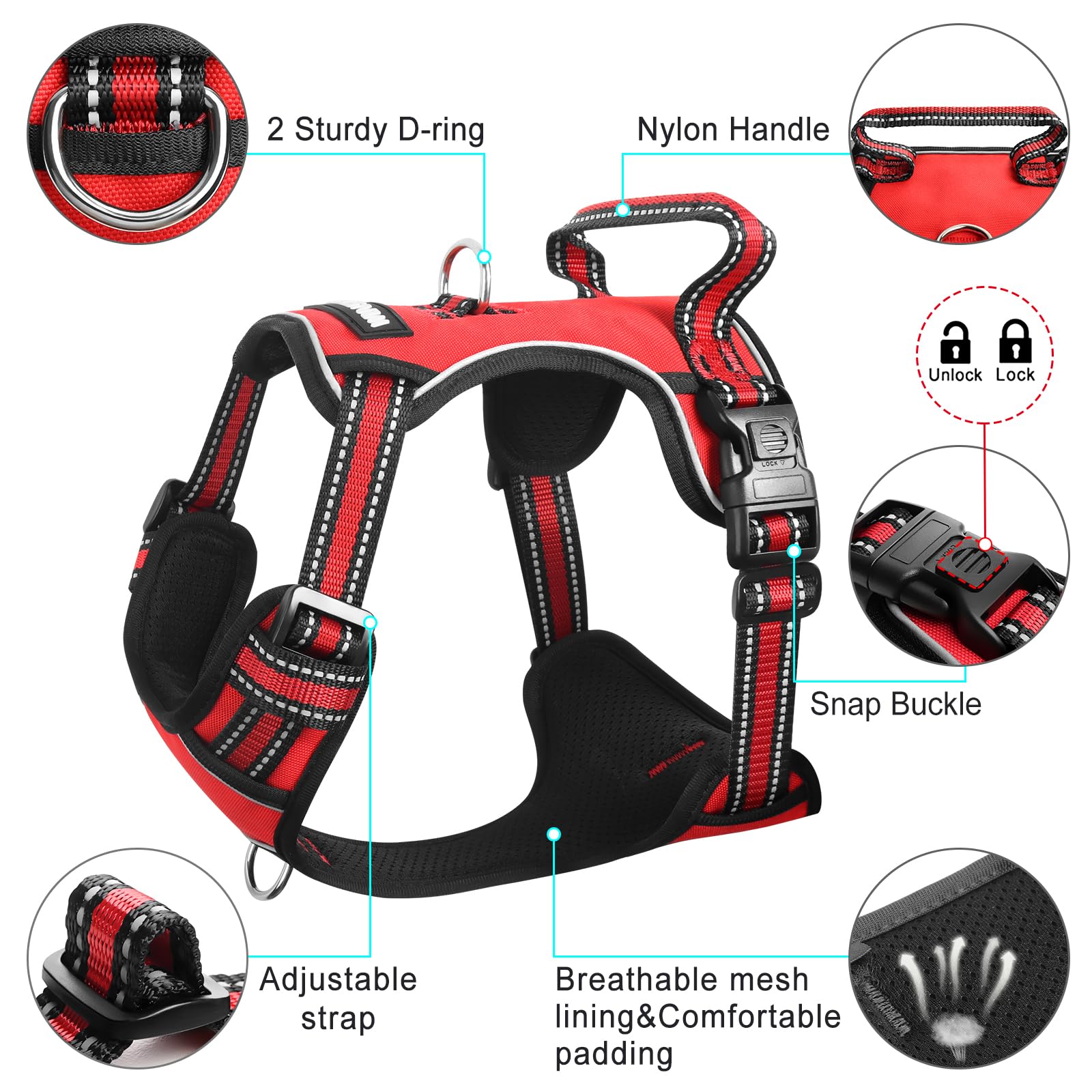 WINSEE No Pull Dog Harness - Adjustable Reflective Pet Vest with Front/Back Leash Clips for Small Medium Large XL Dogs - Easy Control Handle for Walking, Running & Outdoor Adventures