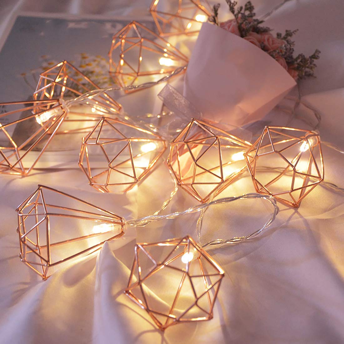 Rose Gold Metal String Lights - 10ft 20 LED Battery Powered Geometric Fairy Lights for Indoor Decor | Perfect for Christmas, Wedding, Party & Home Decoration (Polyhedral Design) - Create Cozy Ambiance in Bedroom, Patio or Special Events