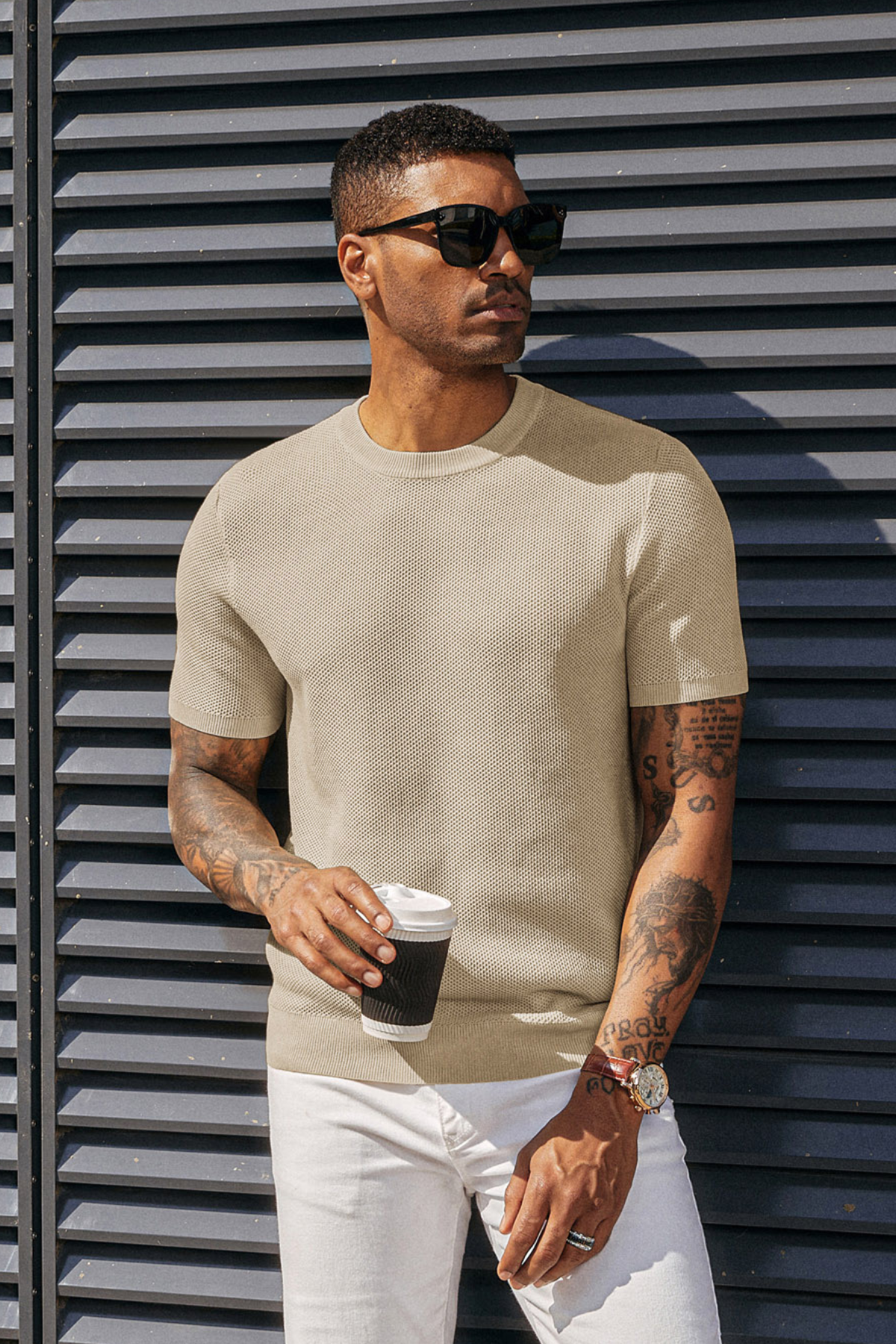 Men's Casual Short Sleeve Crewneck Honeycomb Waffle Knit T-Shirt - Breathable Solid Knitted Pullover Tee for Everyday Wear & Outdoor Activities