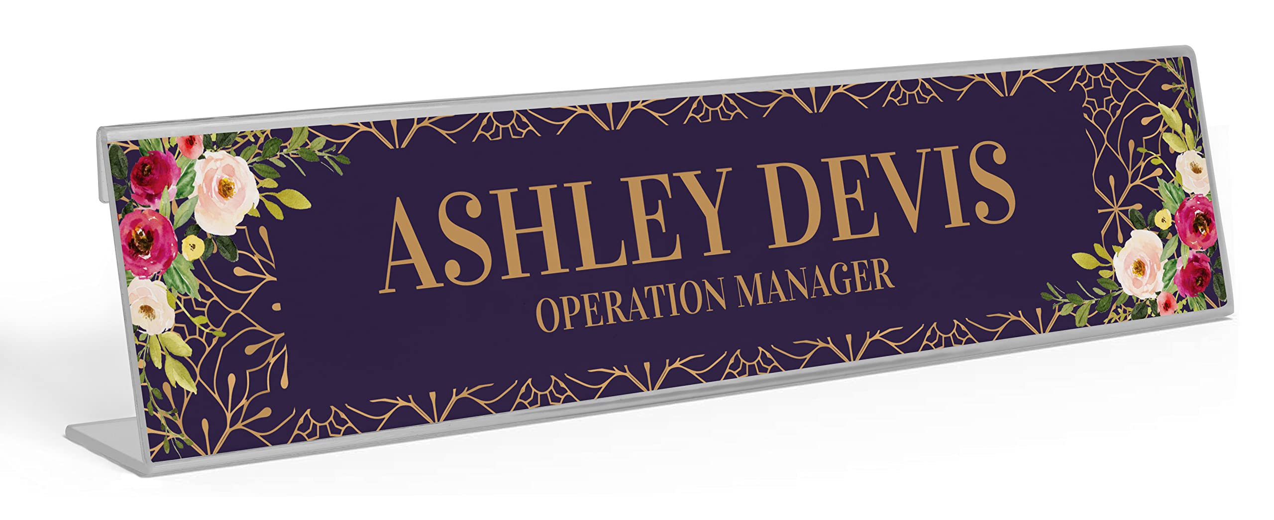 Custom Acrylic Desk Name Plate - Personalized Floral Office Name Sign (2x8 Inches) for Professional Workspace & Home Office Decor
