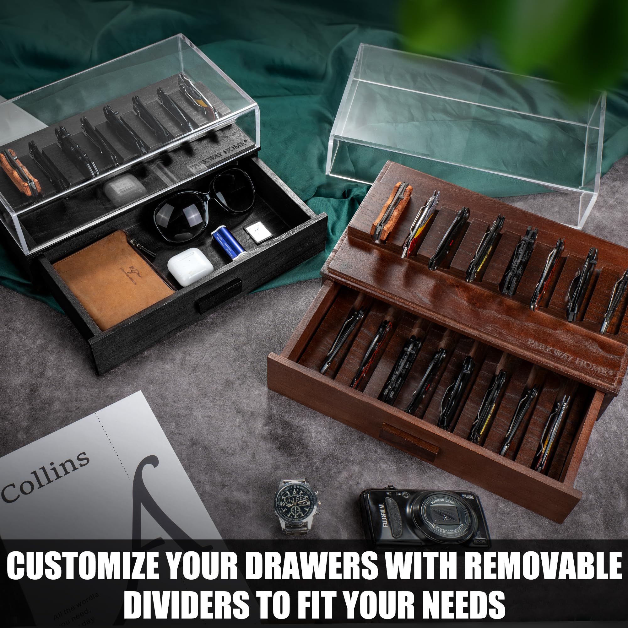 Premium Black Wooden Pocket Knife Display Case - Clear Sturdy Cover Holds 16 Knives - 2-Tier Collector's Case with Removable Drawer for EDC Gear - Perfect for Home Display, Gift Giving & Knife Enthusiast Collections