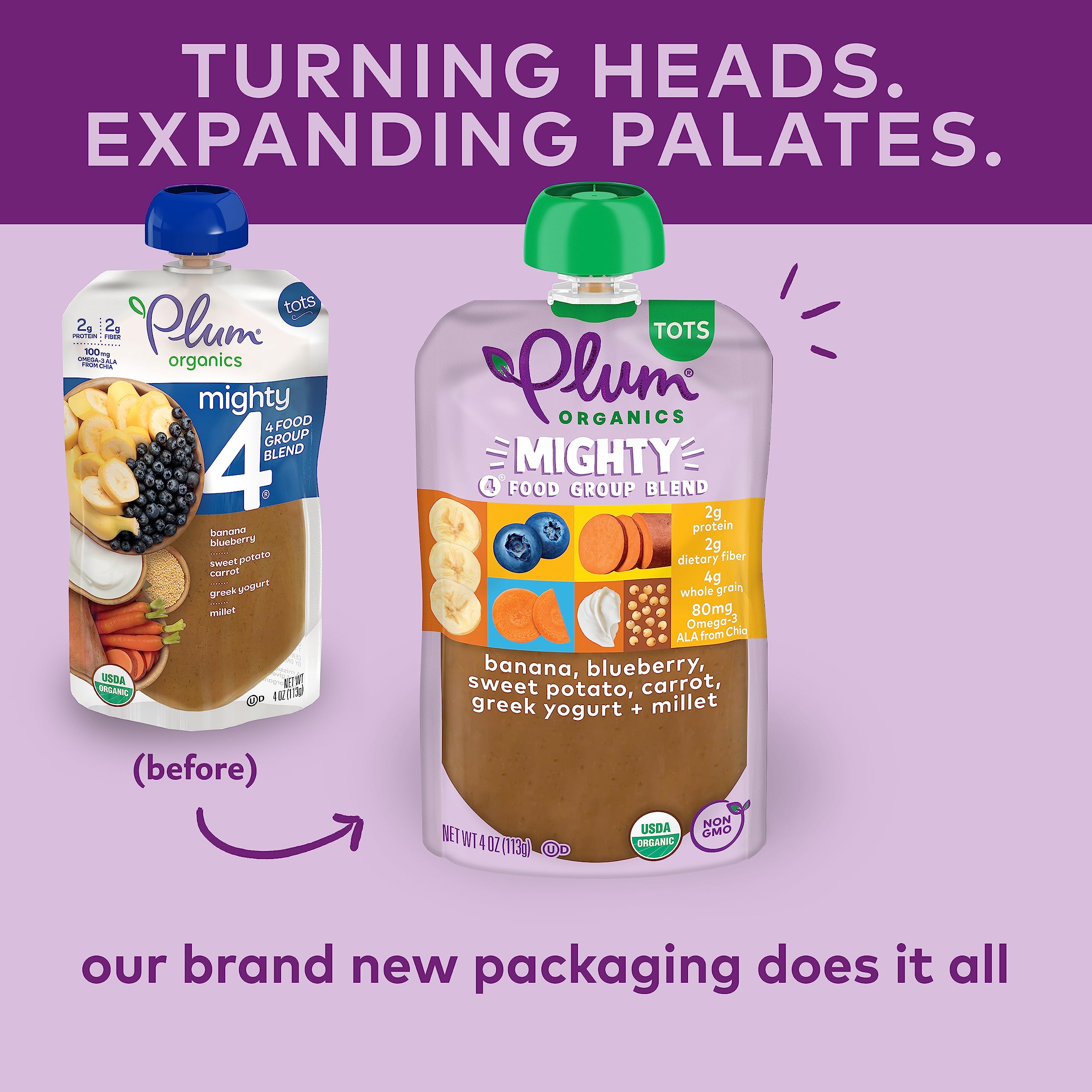 Organic Plum Mighty 4 Toddler Food Pouch - Banana, Blueberry, Sweet Potato & Carrot with Greek Yogurt & Millet - 4oz USDA Certified Baby Food - Perfect for On-the-Go Snacks, Daycare Lunches & Healthy Toddler Meals