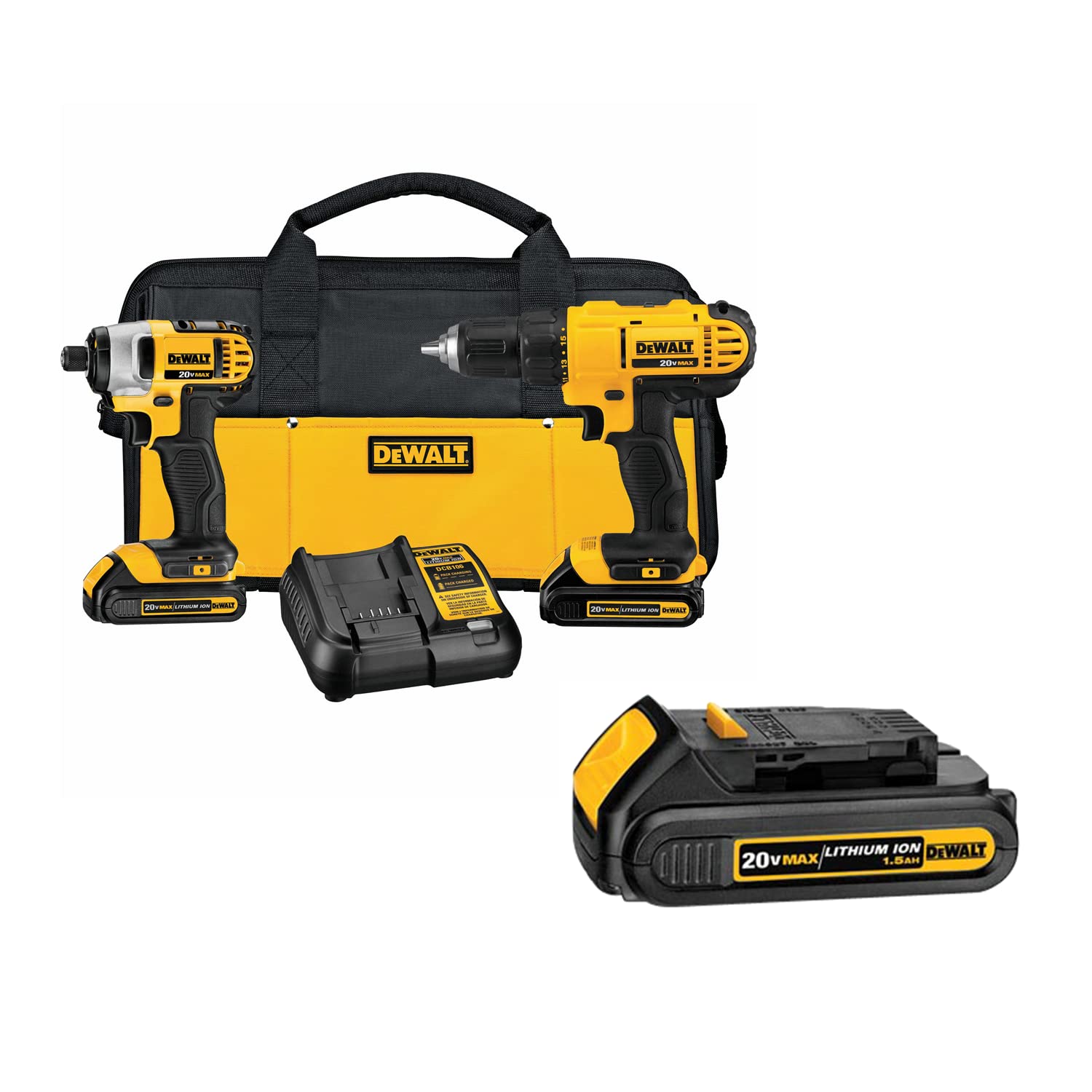 DEWALT 20V Max Cordless Drill Combo Kit (DCK240C2 & DCB201) - 2-Tool Set with 1.5Ah 20V Li-Ion Battery - Perfect for Home DIY Projects, Woodworking, and Professional Construction Work