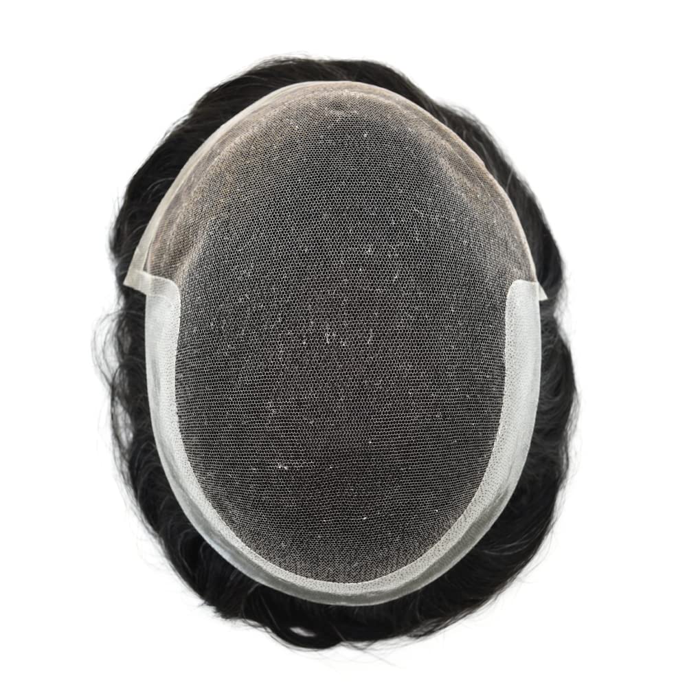 Natural Black with 50% Gray Men's Hair Replacement System - Swiss Lace Base Human Hair Toupee with PU Bleached Knots for Realistic Hairline | 8''x10'' Light Medium Density Wig by SINGA HAIR | Perfect for Daily Wear, Special Occasions & Hair Loss Solutions