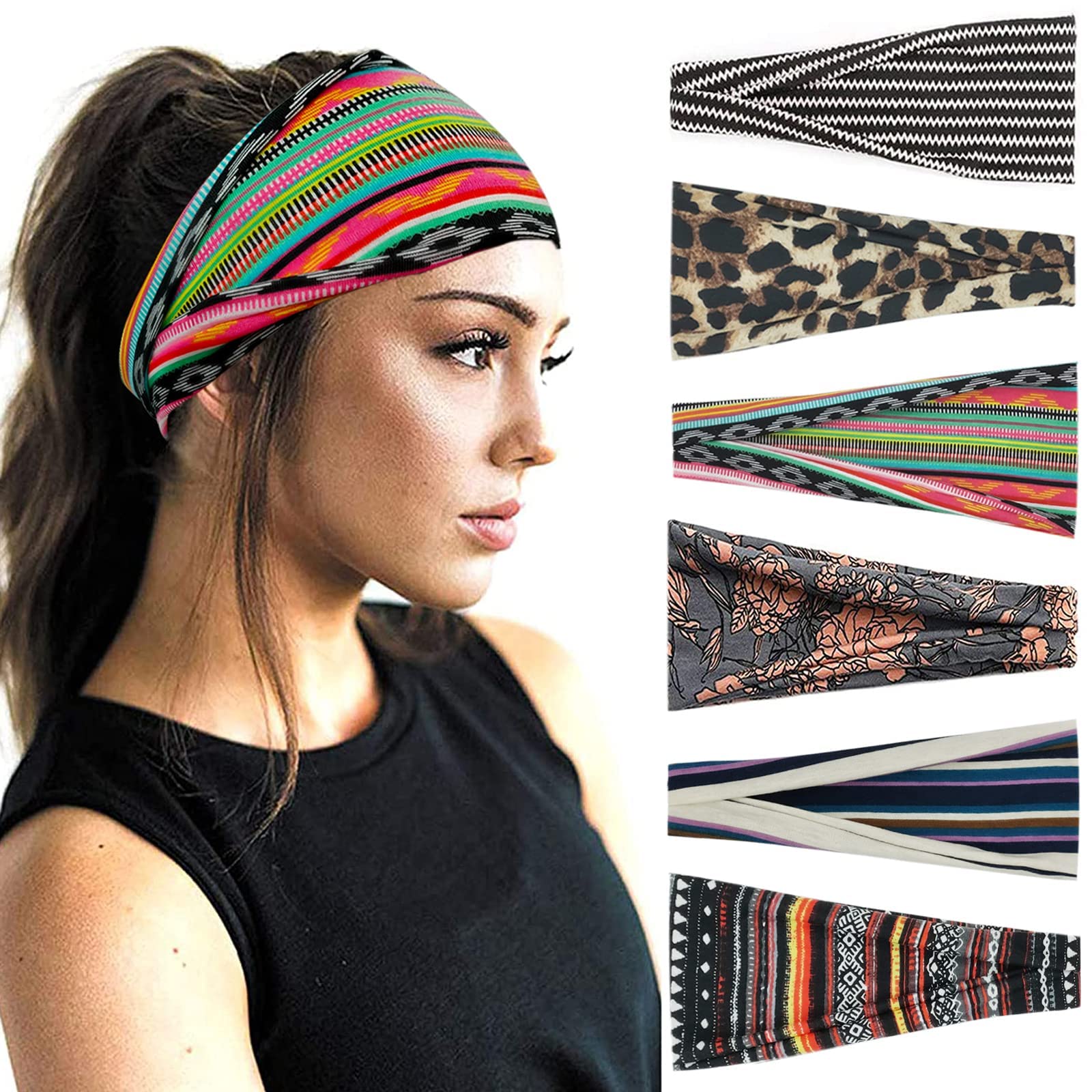 YONUF 6-Pack Boho Headbands for Women - Fashionable Wide Yoga Headbands, Workout Hair Accessories - Perfect for Yoga, Running, Gym & Everyday Wear