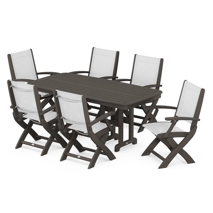 POLYWOOD Coastal Folding Arm Chair 7-Piece Outdoor Dining Set - Perfect for Patio, Deck, Poolside & Beachfront Entertaining