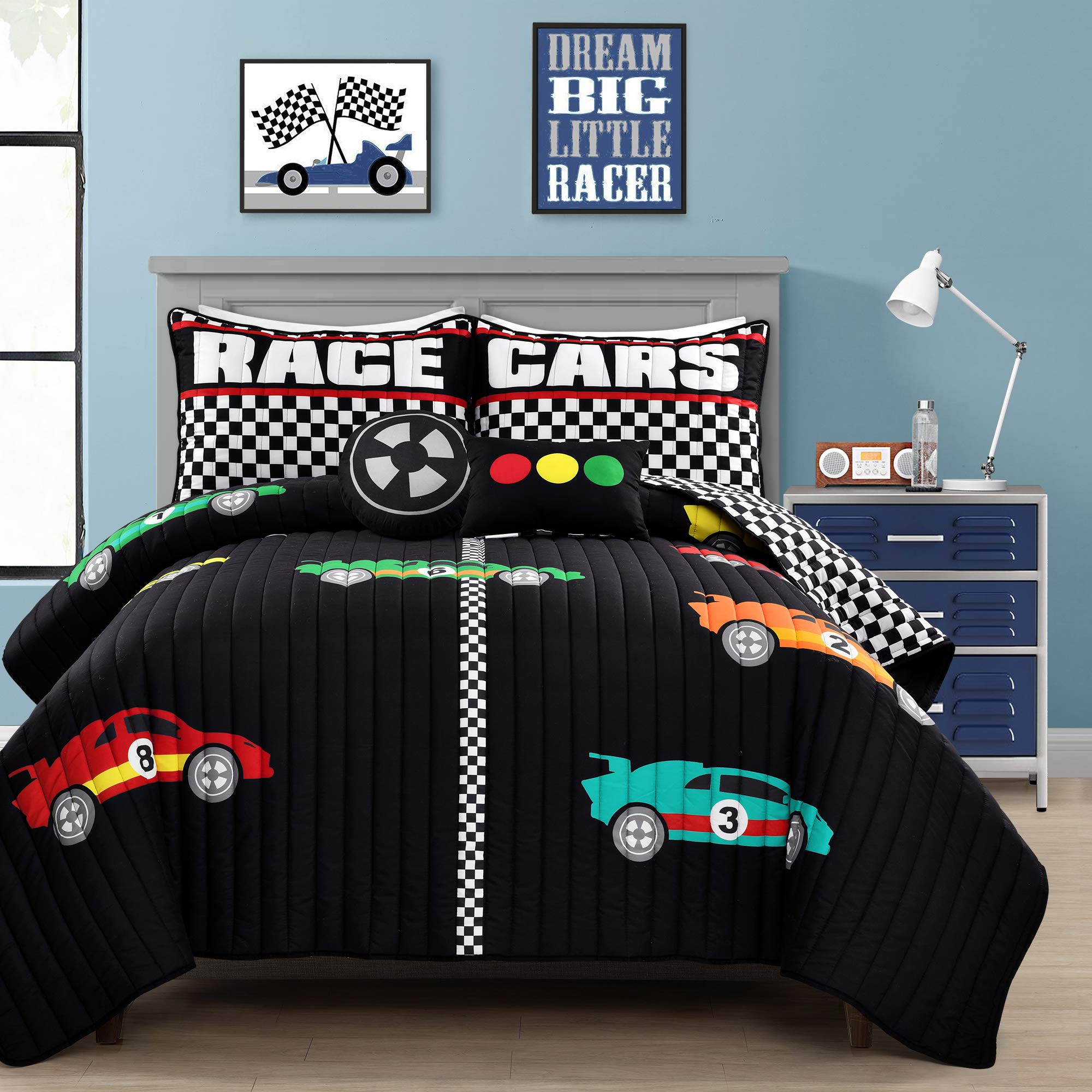 Lush Decor Racing Cars 5-Piece Quilt Set - Full/Queen Size, Black - Perfect for Kids' Bedrooms, Teen Rooms & Race Car Themed Decor