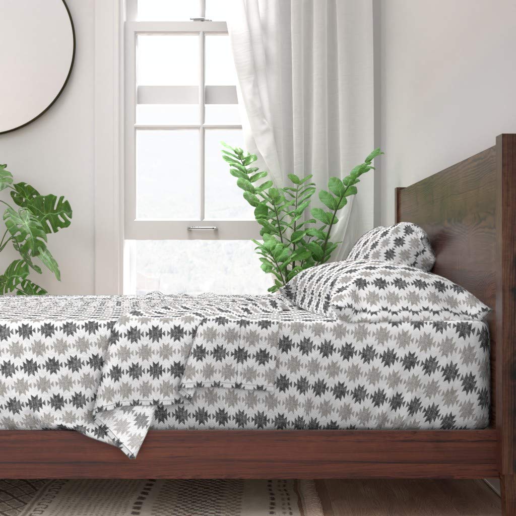 Spoonflower 100% Cotton Queen Size 4-Piece Sheet Set - Modern Boho Farmhouse Print Bedding in Neutral Tan | Soft & Breathable for All Seasons | Perfect for Guest Rooms, Master Bedrooms & Cozy Fall Decor