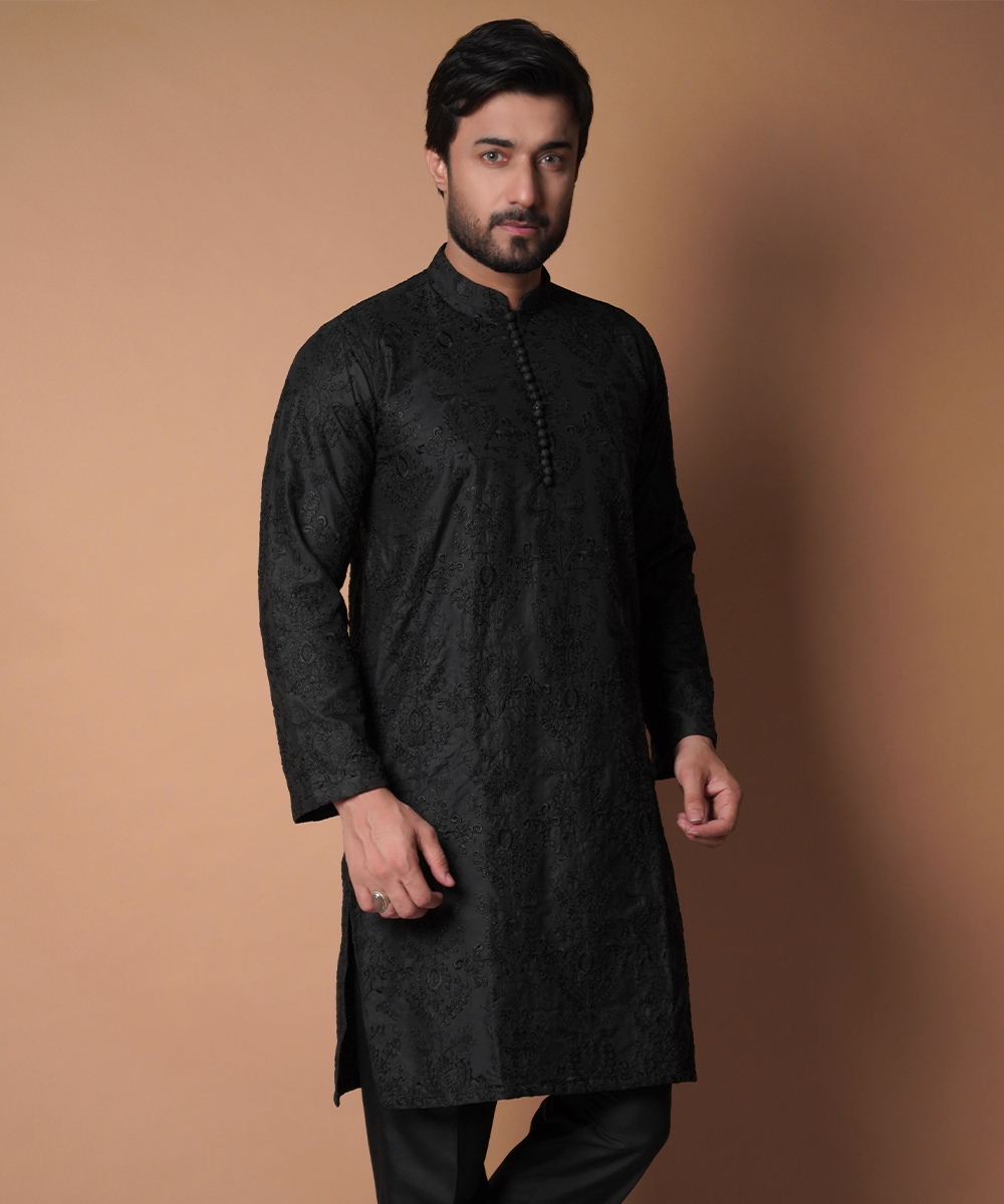 Stylish Matte Black Embroidered Kurta Pants Set for Men | Traditional Indian Ethnic Wear | Perfect for Weddings, Festivals & Special Occasions