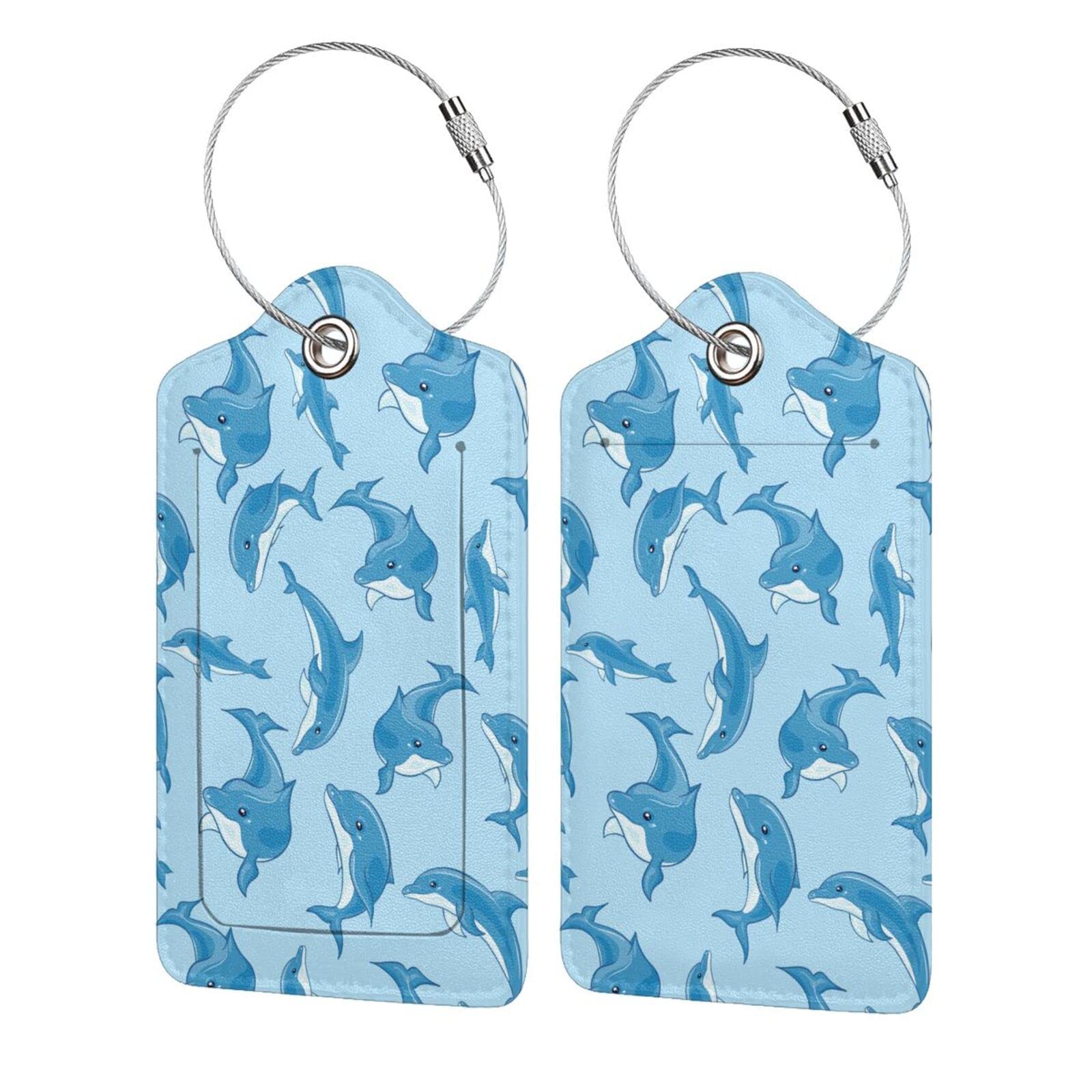 2 PCS Blue Dolphins PU Leather Luggage Tags with Stainless Steel Loop - Durable Travel Luggage ID Tags with Privacy Cover - Stylish Suitcase Baggage Tags for Women, Men & Kids - Perfect for Air Travel, Cruise Vacations & Business Trips