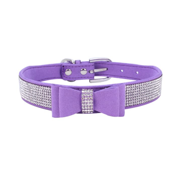 Sparkling Rhinestone Dog Collar - Adjustable Glitter Crystal Pet Collar with Pu Leather Bow for Small Medium Dogs (Purple) | Perfect for Daily Walks, Parties & Photo Shoots