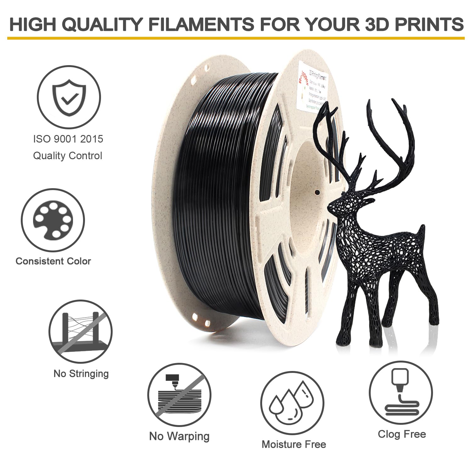Premium Black PLA 3D Printer Filament 1.75mm (±0.03mm) 1kg Spool - High Precision, Low Warping - Compatible with Most FDM 3D Printers & 3D Pens - Ideal for Prototyping, DIY Projects & Educational Models