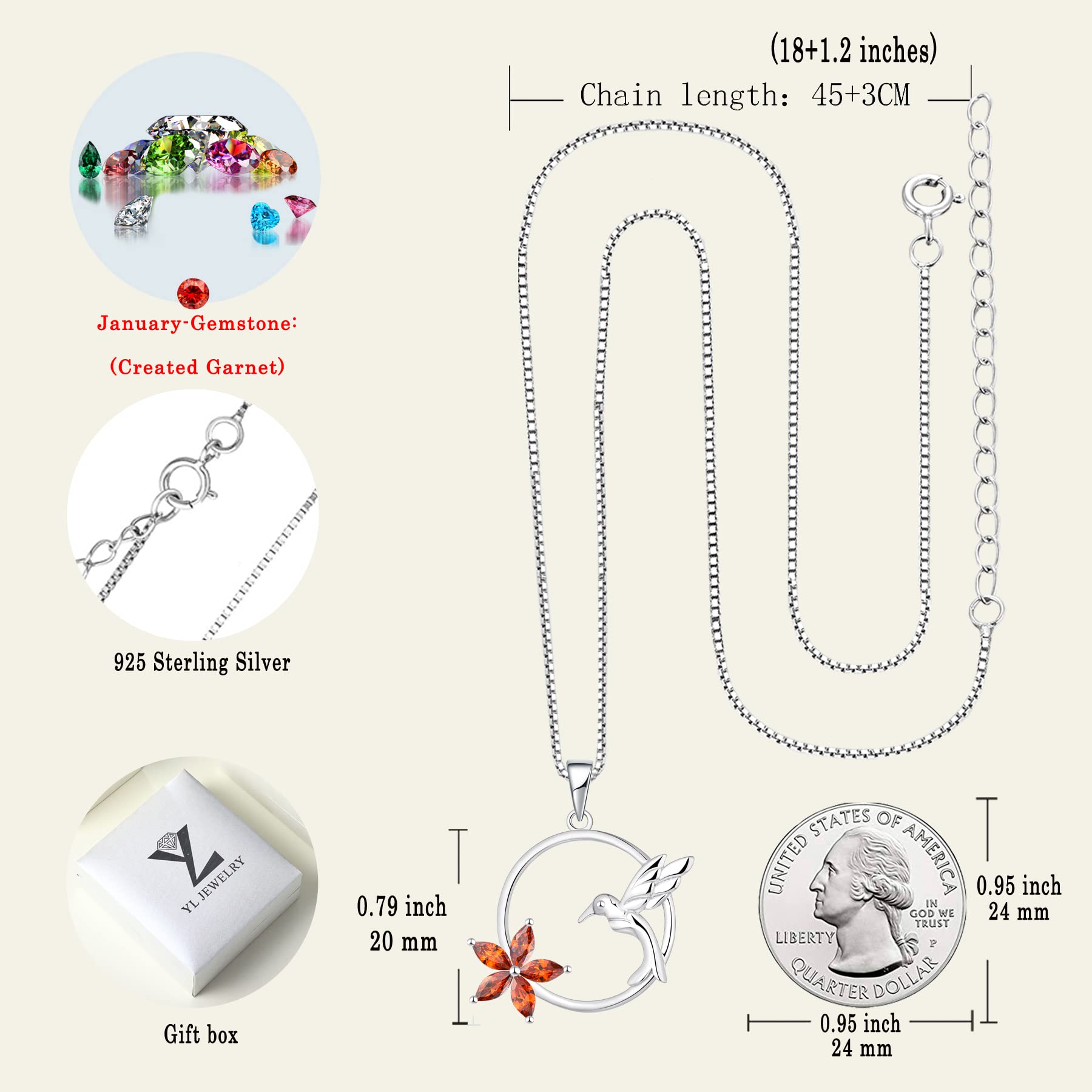 YL Hummingbird Necklace - 925 Sterling Silver Flower Pendant with Birthstone | Elegant Women's Jewelry Gift for Birthday, Anniversary & Special Occasions