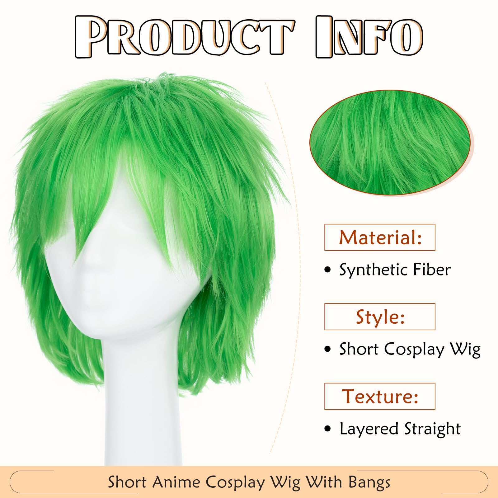 S-noilite Unisex Short Cosplay Wig for Women & Men - Fluffy Straight Anime Synthetic Hair - Green Pixie Wig for Halloween, Comic Con, and Costume Parties