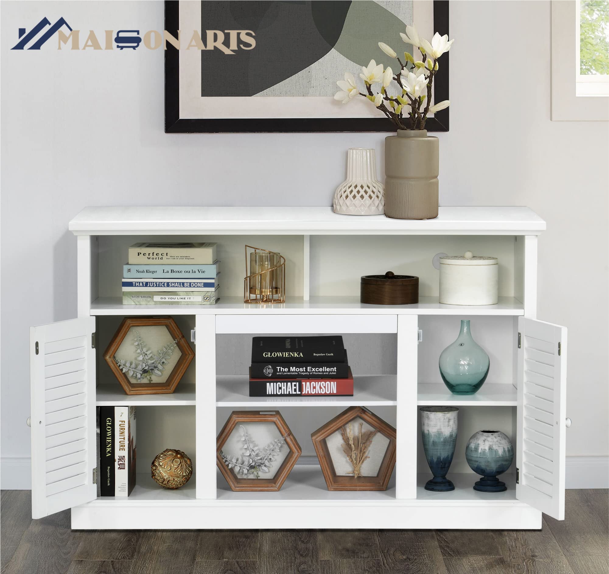MAISON ARTS Modern TV Stand for 55 Inch TV with Storage, Entertainment Center Media Console Table, Buffet & Sideboard for Living Room, Bedroom, Kitchen - White | Perfect for Home Theater Setup and Living Room Organization