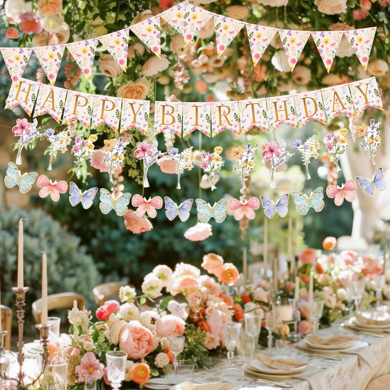 Floral Birthday Decorations - Elegant Flower Bouquet Garland & Party Banners for Girls & Women | Perfect for Birthday Parties, Baby Showers & Bridal Showers