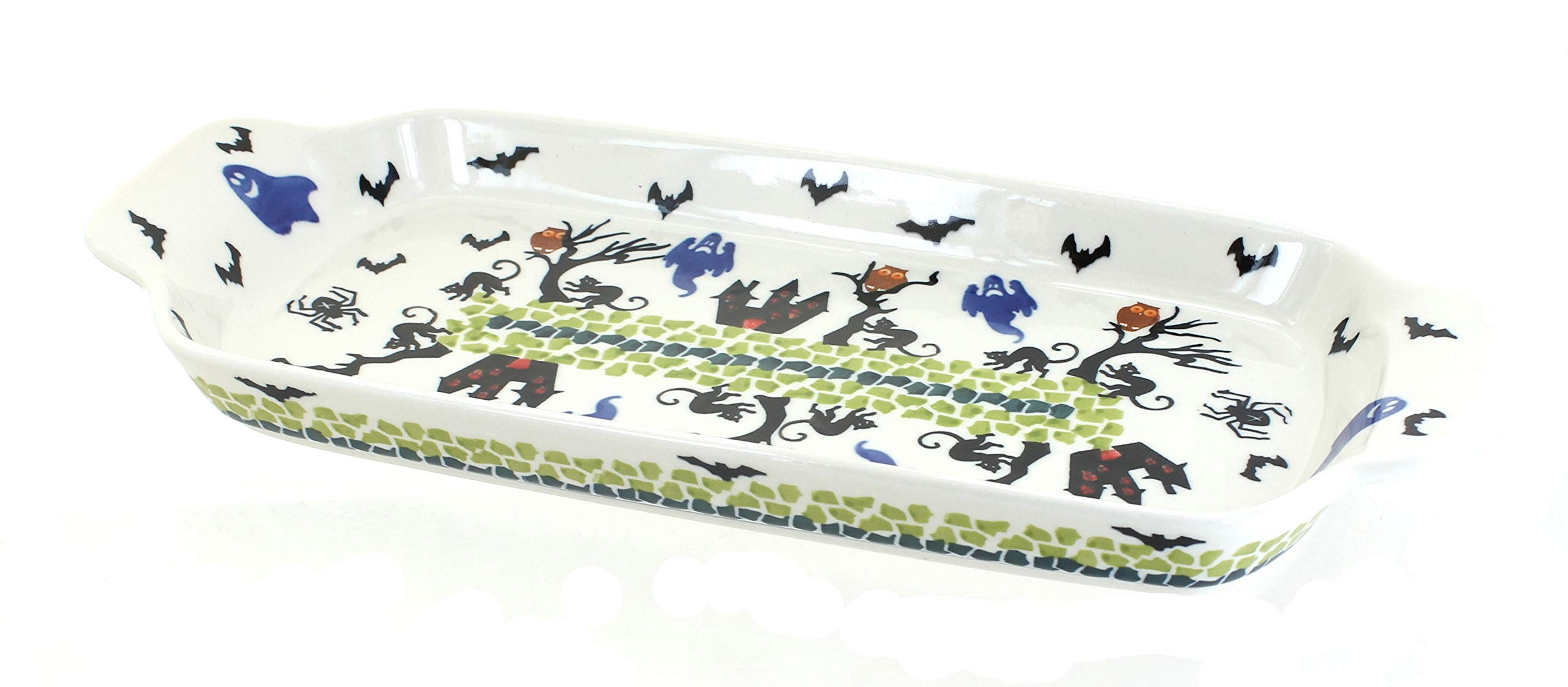 Handmade Blue Rose Polish Pottery Monster Mash Bread Tray with Sturdy Handles - Perfect for Serving Bread, Pastries, and Appetizers at Halloween Parties, Themed Dinners, and Holiday Gatherings