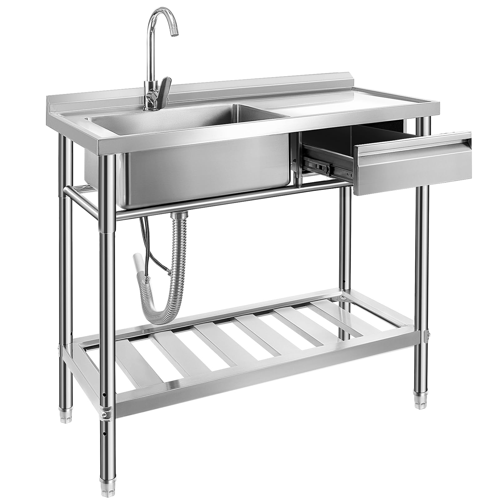 YORKING 39-inch Stainless Steel Utility Sink with Drawer Storage | Free Standing Single Bowl Kitchen Sink | Hot & Cold Water Pipes | Indoor & Outdoor Use for Laundry, Garage, or Garden