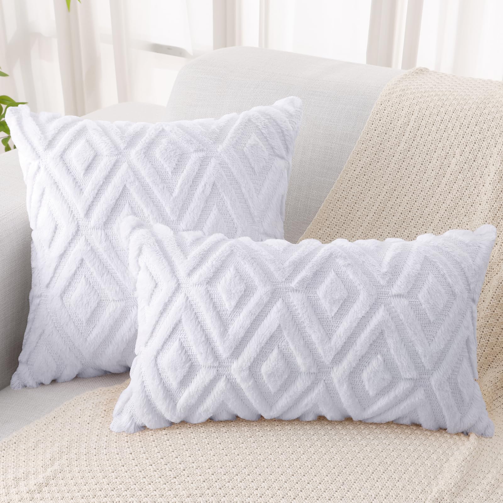 Pallene Soft Faux Fur Throw Pillow Covers 18x18 Set of 2 - Plush Wool Decorative Couch Pillow Covers for Sofa Bed Living Room - 3D Diamond Pattern - Pure White - Perfect for Cozy Home Decor, Winter Accents & Luxury Interior Design
