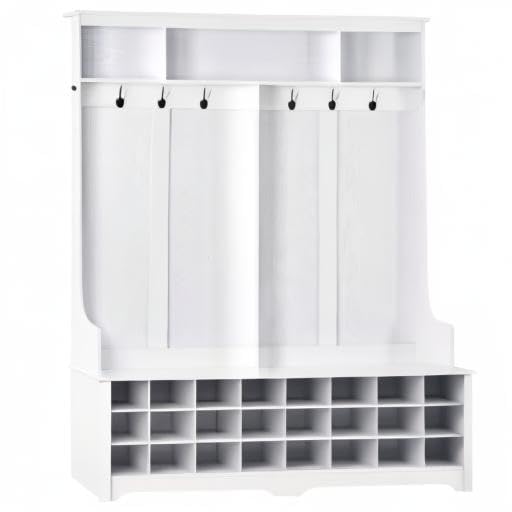 **24-Cube Hall Tree with Shoe Storage & 6 Hooks - Large Entryway Bench with 3 Shelves for Coats, Shoes & Organizing - Perfect for Foyers, Mudrooms & Small Spaces (White)**