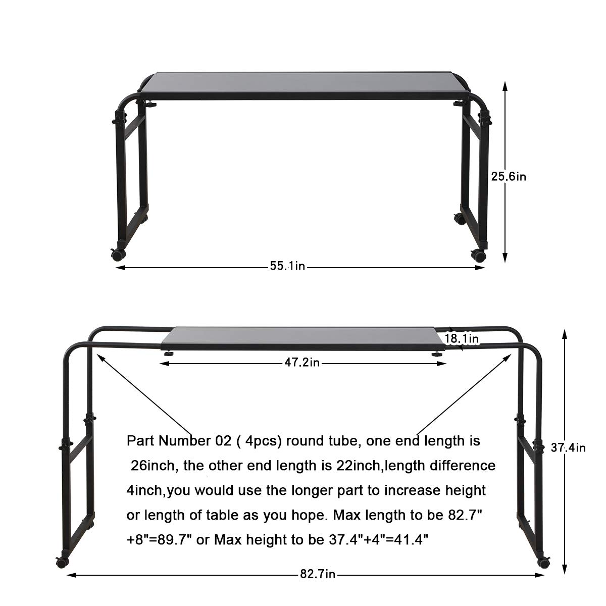 Adjustable Overbed Table with Wheels - Rolling Laptop Desk for King/Queen Beds, Portable Hospital Bed Table (Black) - Perfect for Home Office, Hospital Use & Bedside Workspace