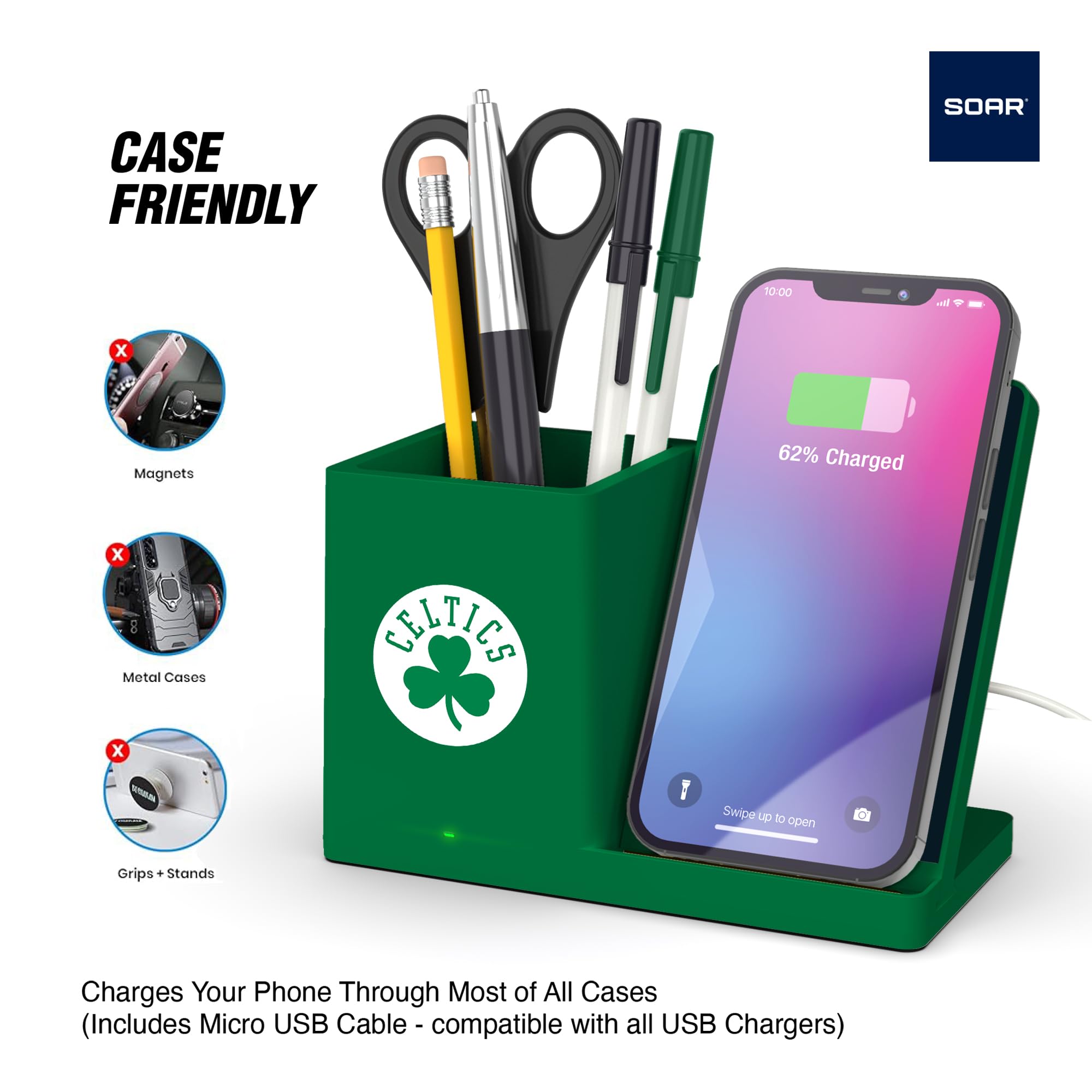 SOAR Wireless Charger & Desktop Organizer - Fast Qi Charging Stand with Phone Holder, Multi-Device Charging Station for iPhone 15/14/13/12, AirPods, Samsung - Perfect for Office, Home & Nightstand Use