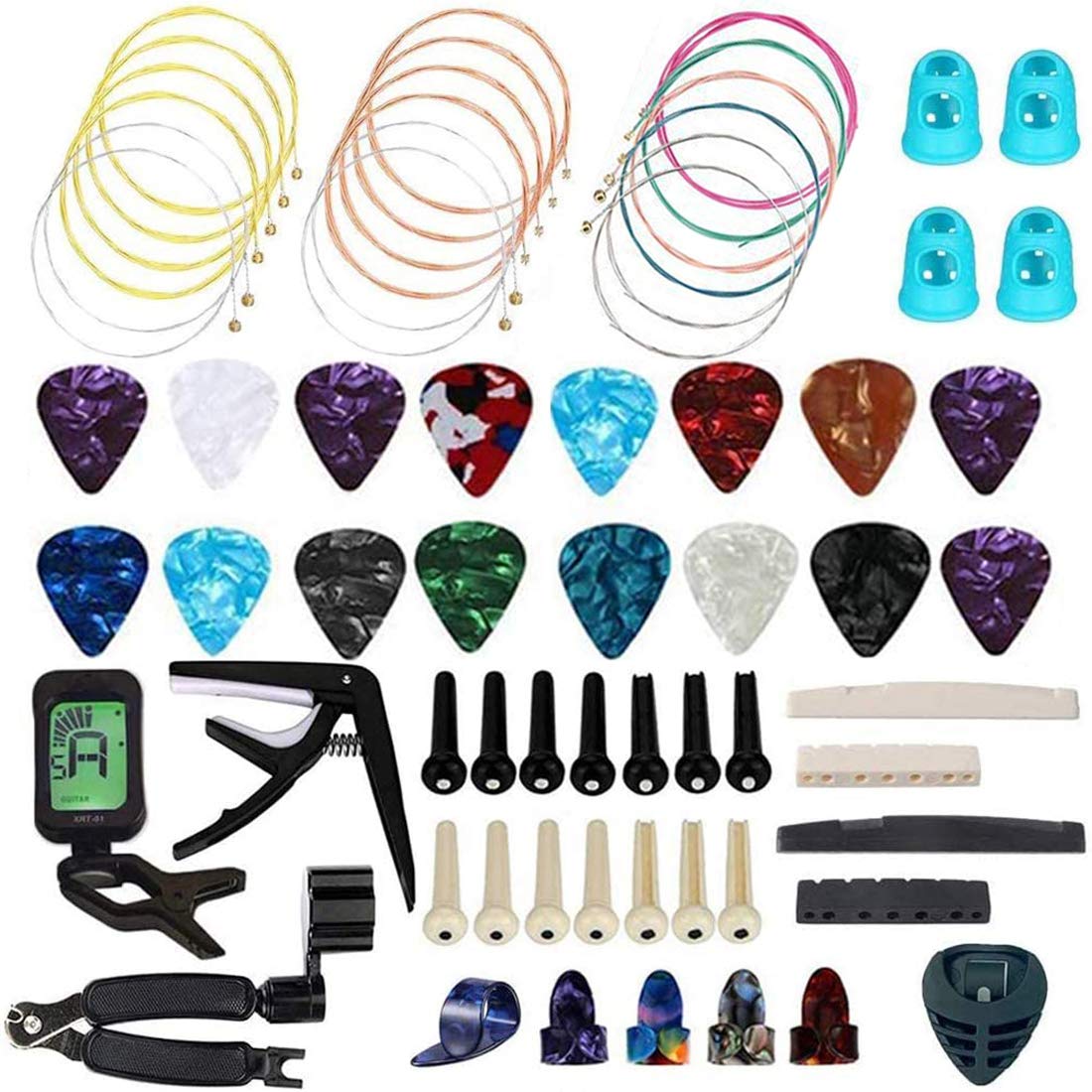 65 PCS Guitar Accessories Kit - Guitar Picks, Capo, Tuner, Acoustic Strings, String Winder, Bridge Pins & More - Complete Starter Set for Beginners | Perfect for Practice, Performances & Guitar Maintenance