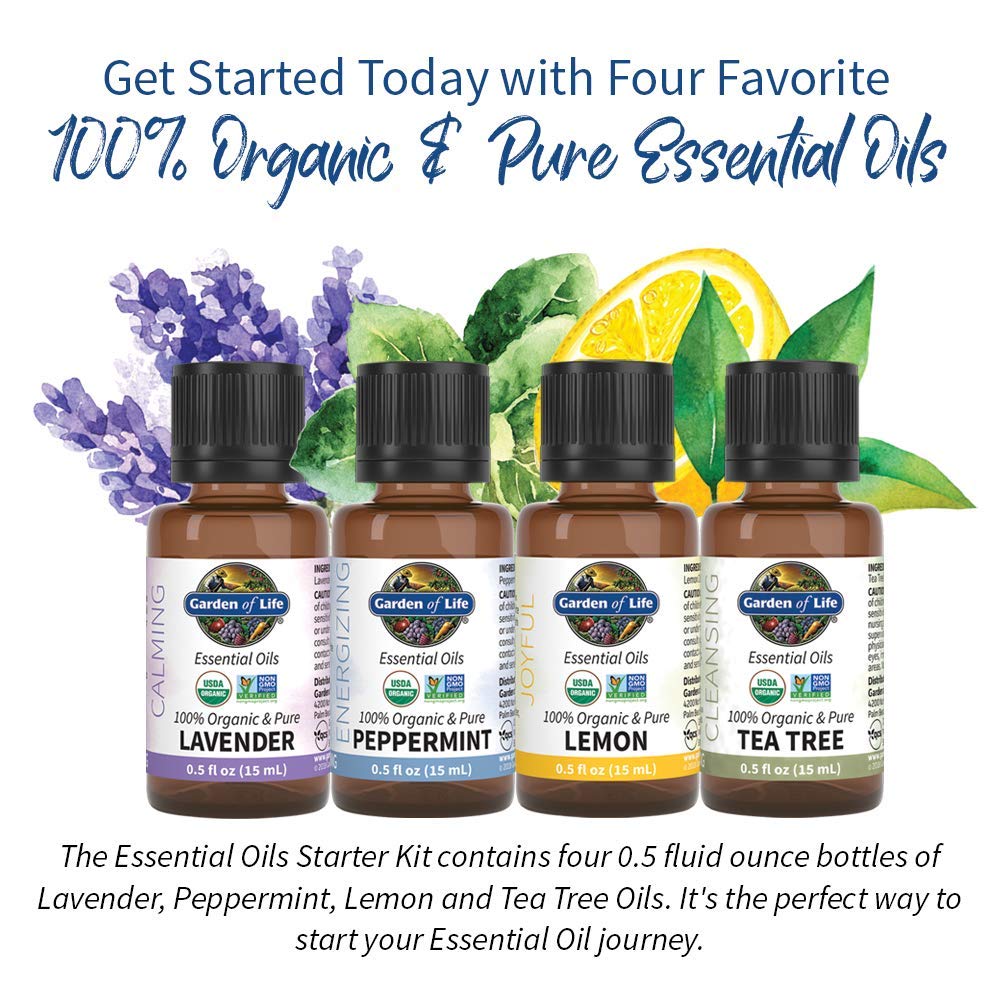 Garden of Life Essential Oils Starter Kit - 100% USDA Organic Lavender, Peppermint, Lemon & Tea Tree Oils | Non-GMO, Pure Aromatherapy Oils for Diffusers, Massage & Relaxation | 2 Fl Oz Each | Perfect for Home Spa, Yoga & Stress Relief