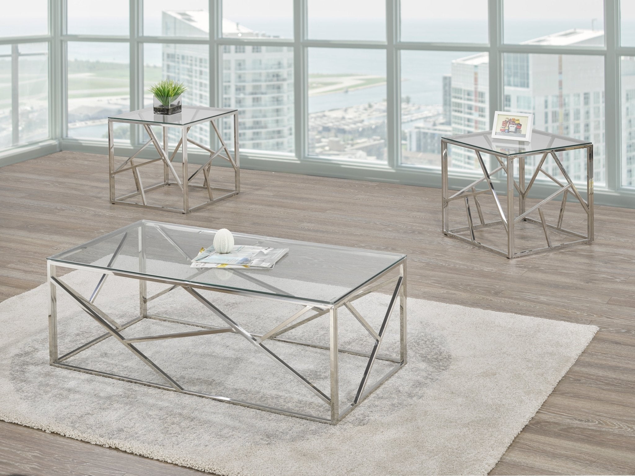 Modern Glass Top Coffee Table Set with Geometric Fractal Design Metal Legs - Perfect for Living Room, Lounge & Office Decor