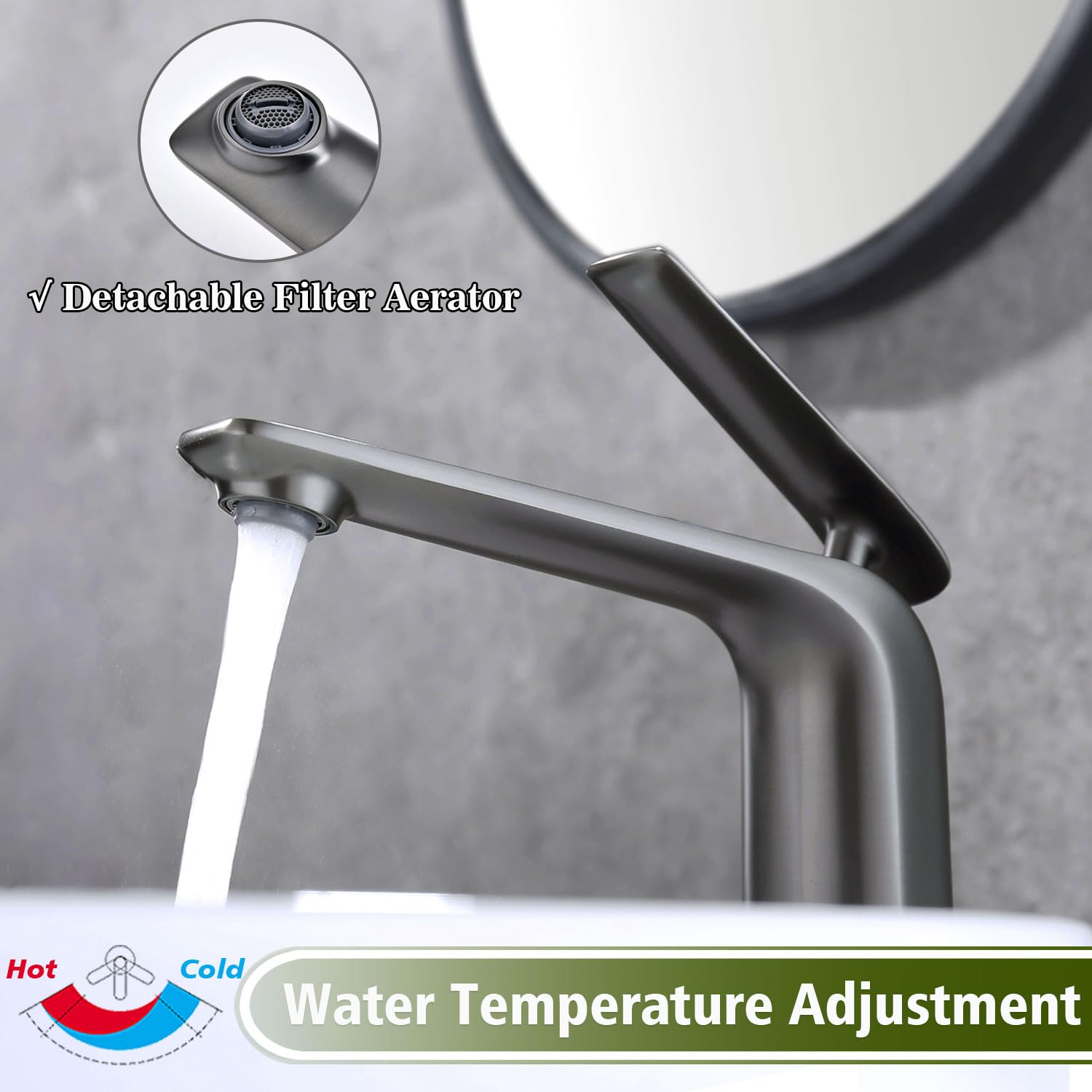 Modern Single Handle Tall Vessel Sink Faucet in Gun Grey - Single Hole Bathroom Basin Mixer Tap for Vanity - Perfect for Contemporary Bathrooms & Powder Rooms
