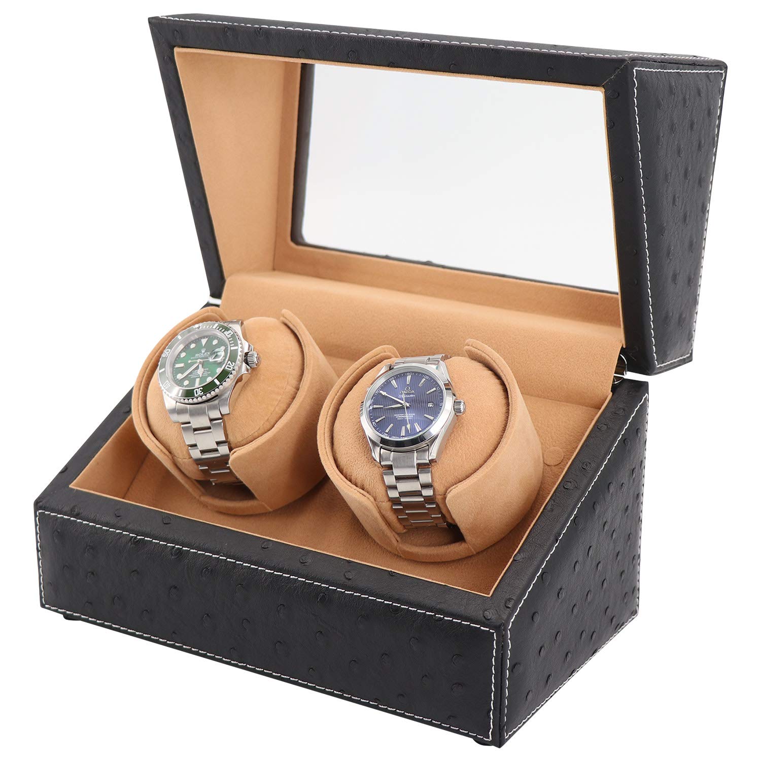 Premium Automatic Double Watch Winder for Rolex & Luxury Watches - Quiet Motor, Black Ostrich Leather Case with Soft Camel Velvet Pillows - Perfect for Watch Collection Display & Safe Storage at Home/Office