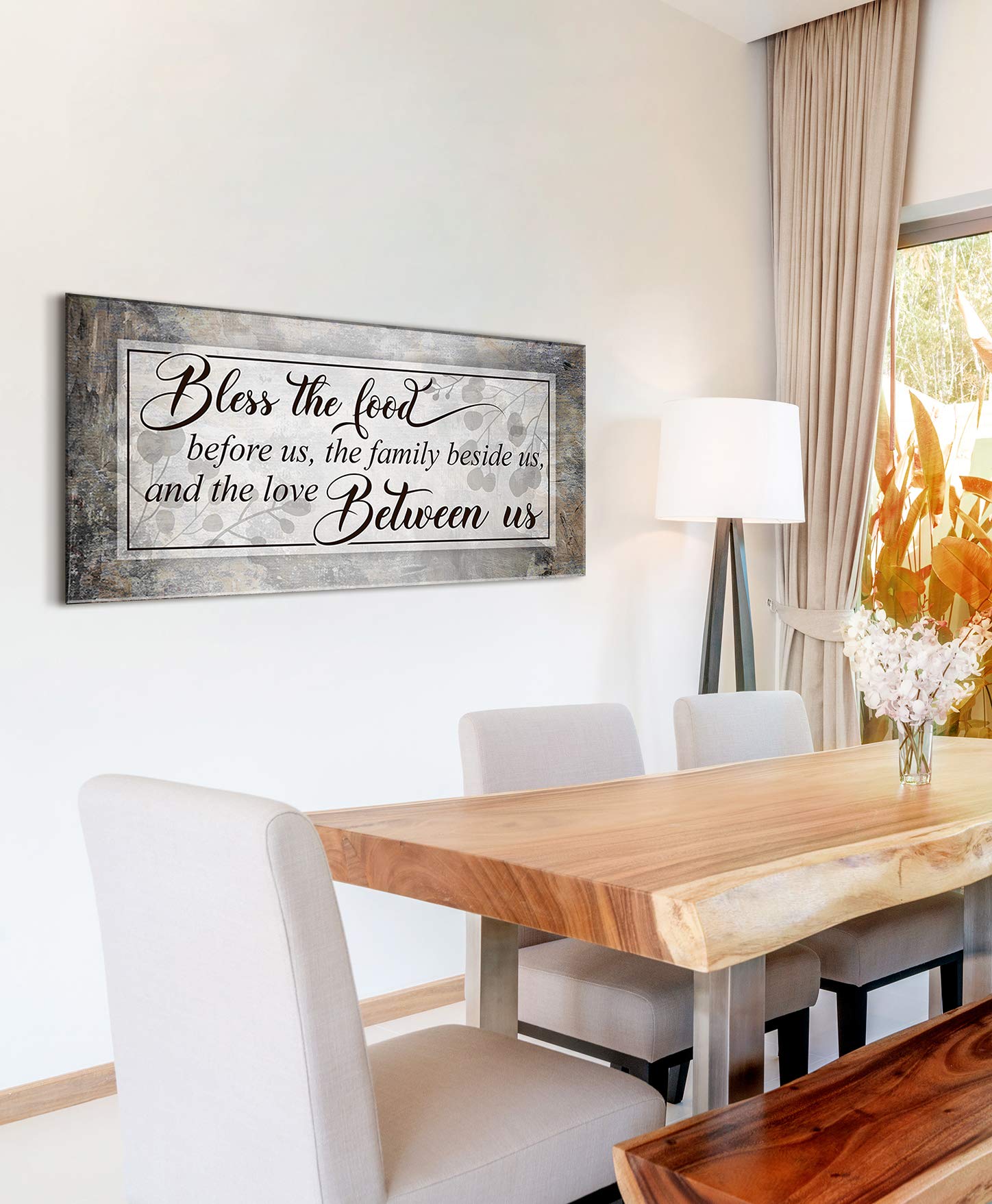 Bless The Food Sign - Large Christian Wall Decor for Dining Room & Kitchen - 42x19 Canvas Wall Art in Grey or Brown - Perfect for Family Home Decor & Religious Gift