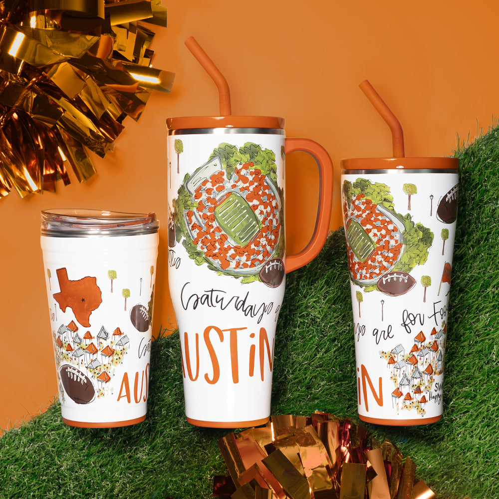 40oz Saturdays in Austin Mega Mug - Large Insulated Tumbler for Coffee, Tea & Cold Drinks - Perfect for Home, Office & Outdoor Adventures